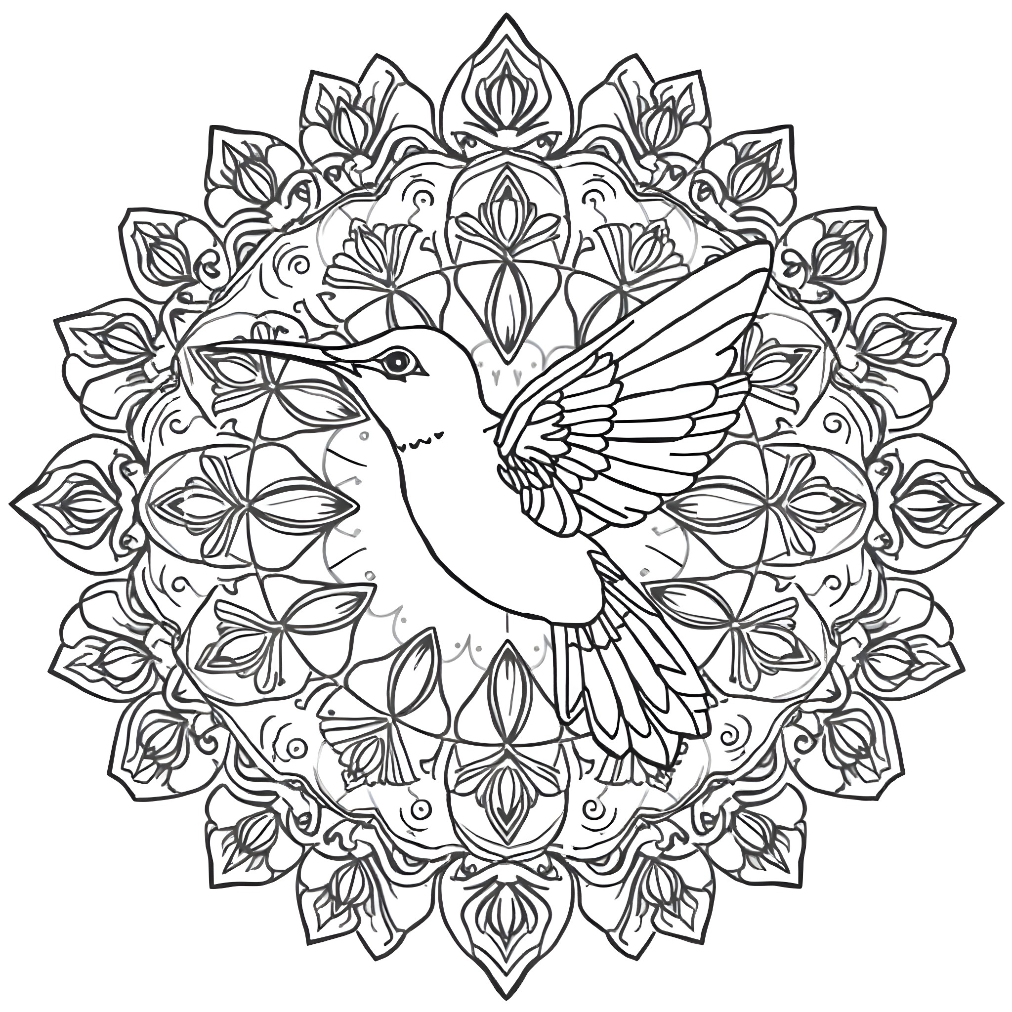 Hummingbird surrounded by intricate floral mandala Coloring Page (free black-and-white line drawing printable PDF for all, from beginners to advanced learners, including children, teens, adults, and seniors)