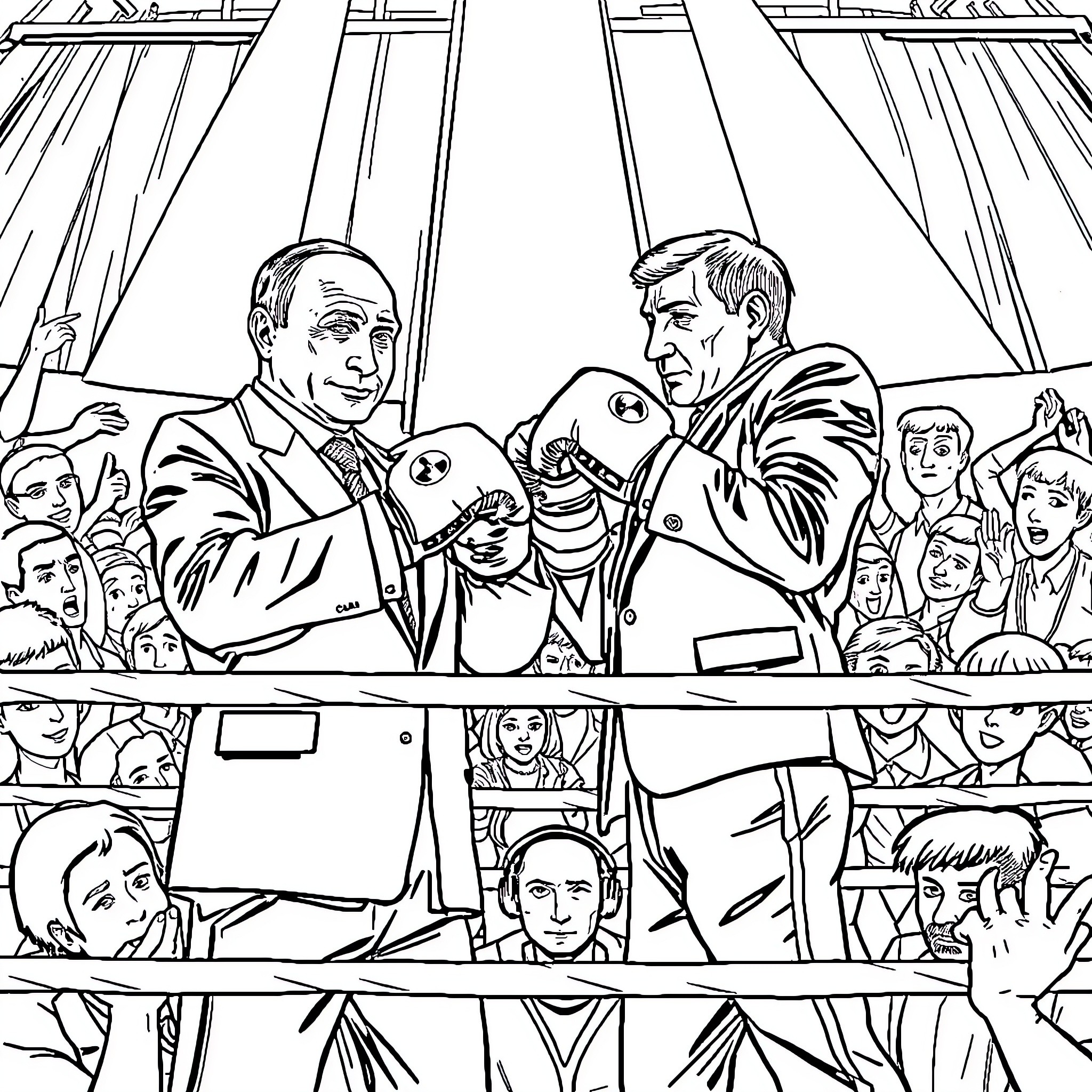 Putin and politician shaking hands in political debate Coloring Page (free black-and-white line drawing printable PDF for all, from beginners to advanced learners, including children, teens, adults, and seniors)