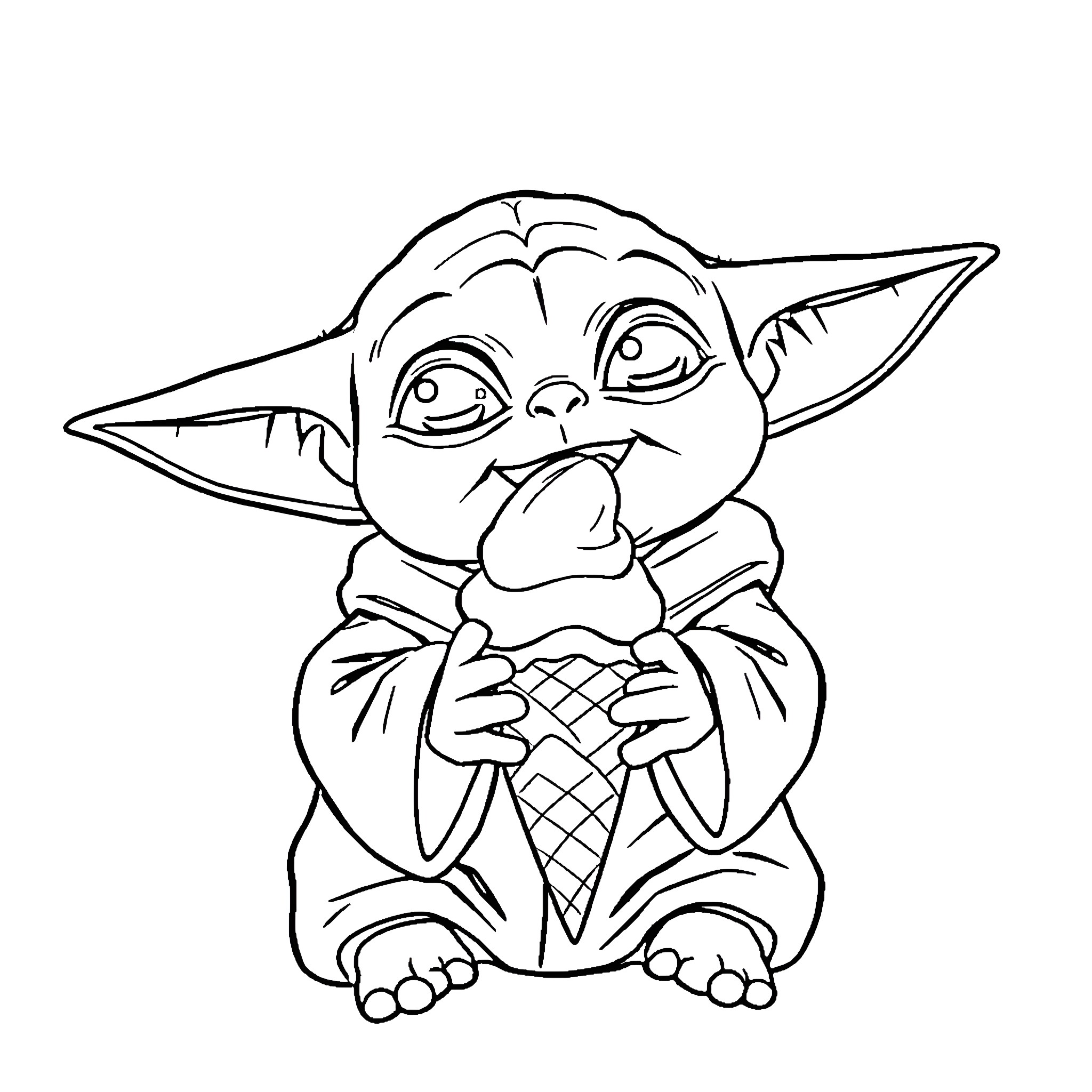 Baby Yoda Enjoying Ice Cream Cone Coloring Page (free black-and-white line drawing printable PDF for all, from beginners to advanced learners, including children, teens, adults, and seniors)