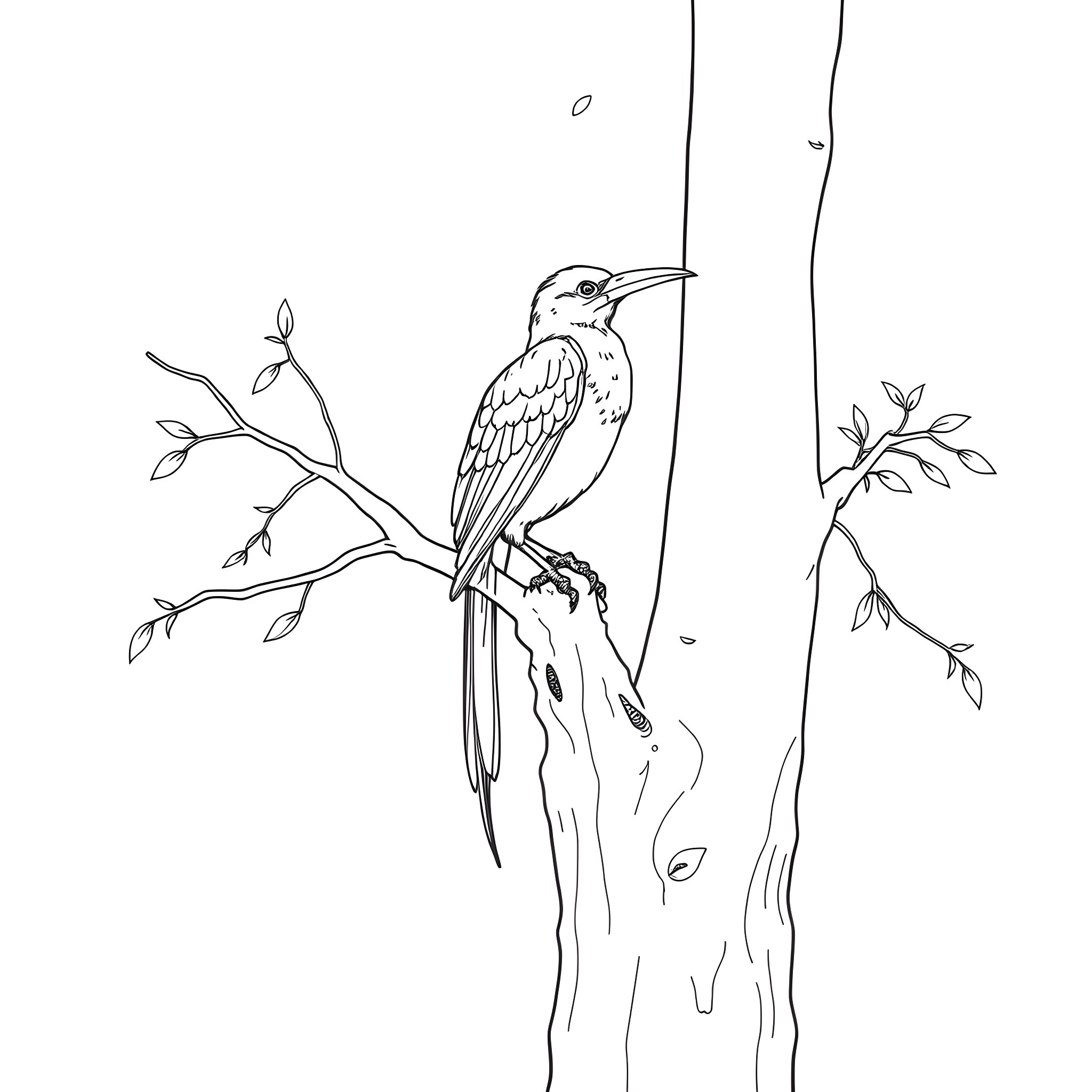 Akepe bird perched gracefully on a branch Coloring Page (free black-and-white line drawing printable PDF for all, from beginners to advanced learners, including children, teens, adults, and seniors)
