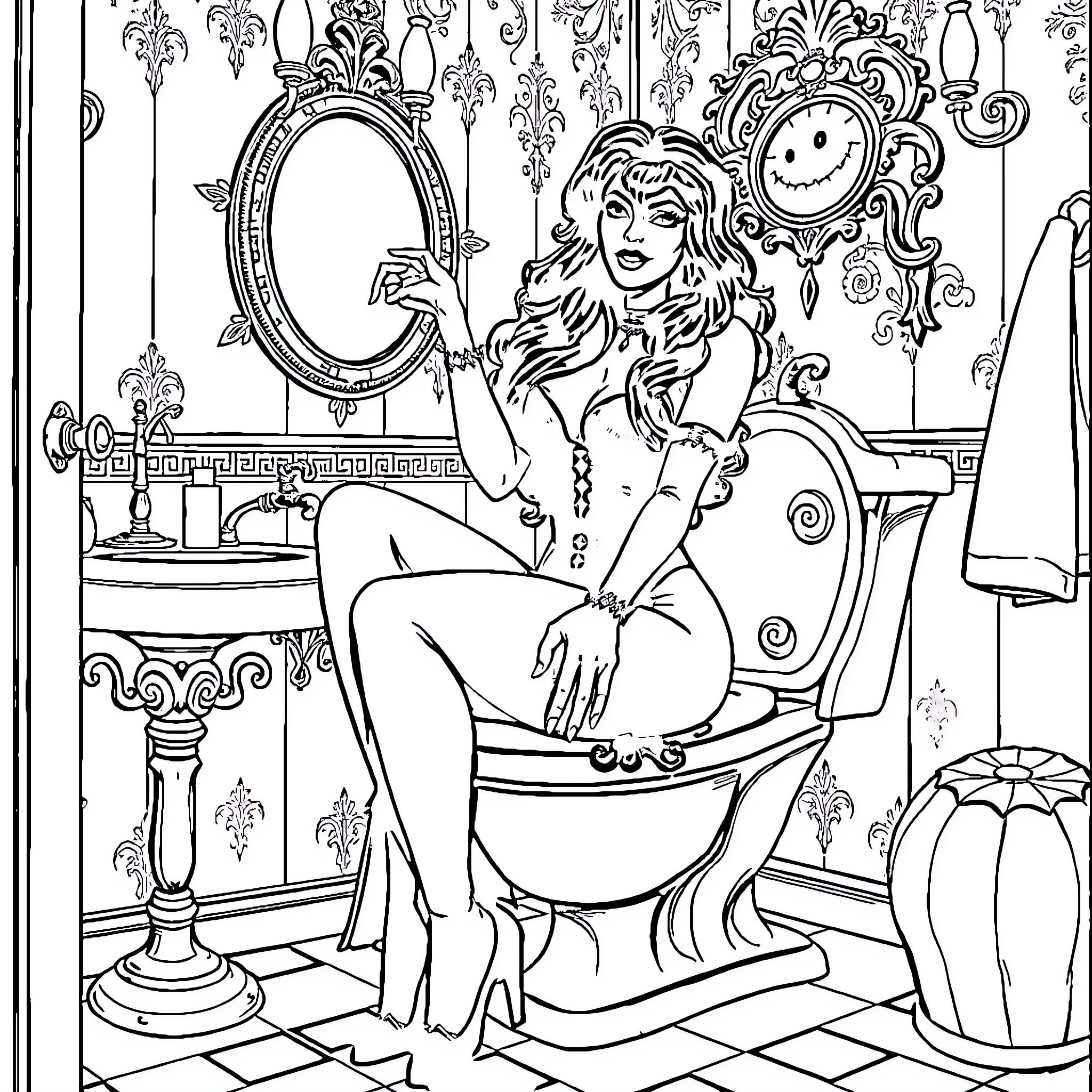 Elvira's Vanity - Decorative Portrait of a Glamorous Figure Coloring Page (free black-and-white line drawing printable PDF for all, from beginners to advanced learners, including children, teens, adults, and seniors)