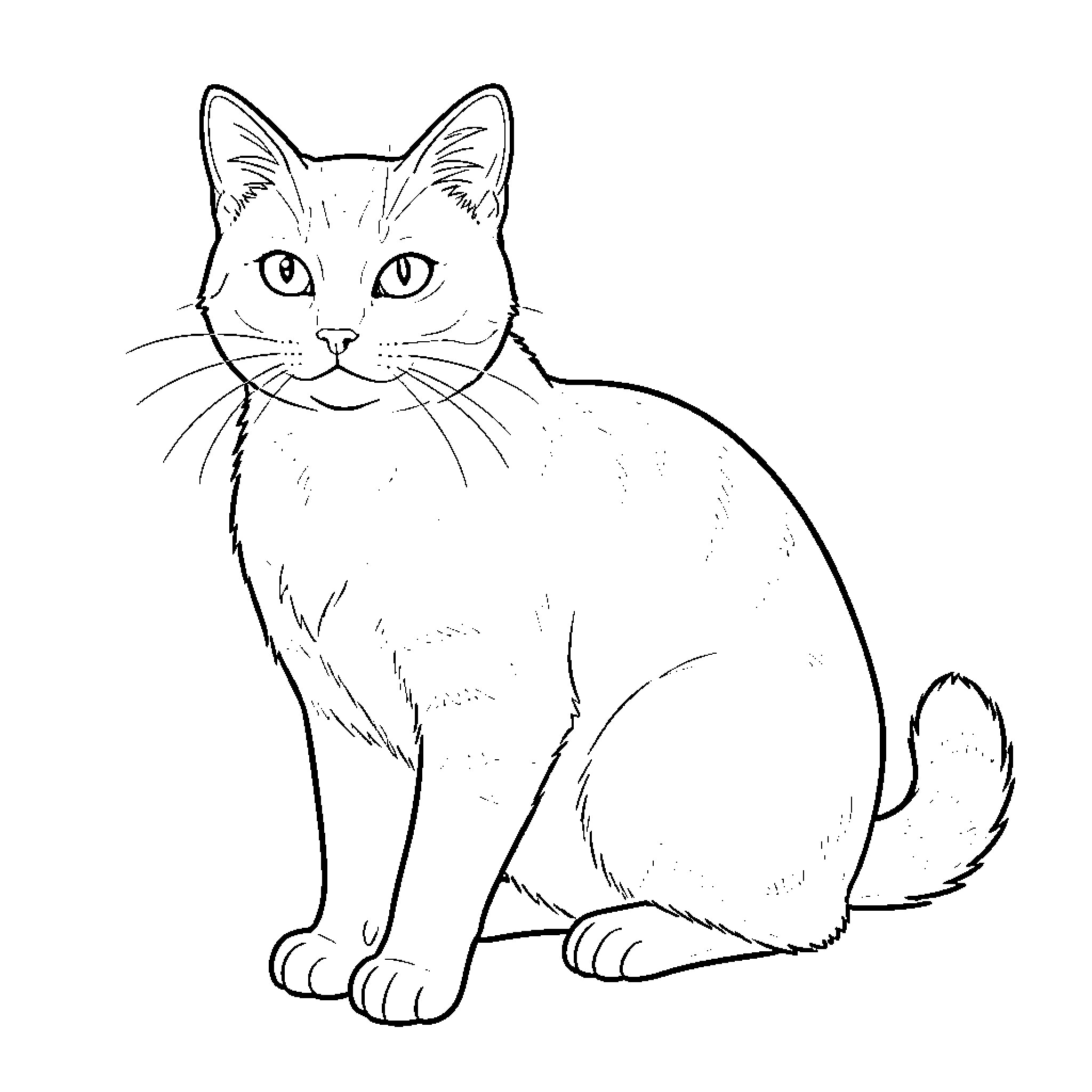 Cat Sitting Calmly Coloring Page (free black-and-white line drawing printable PDF for all, from beginners to advanced learners, including children, teens, adults, and seniors)