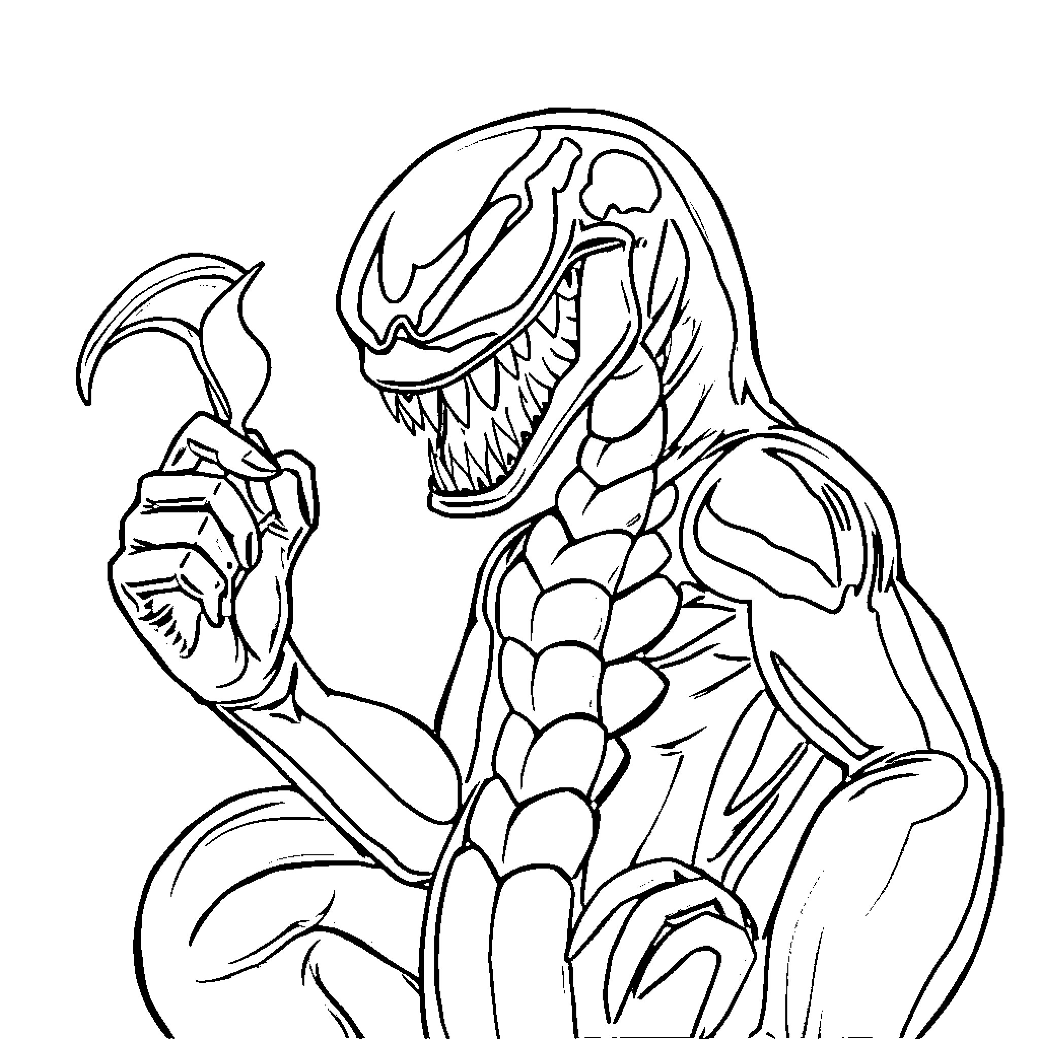 Venom showing a menacing grin and sharp teeth Coloring Page (free black-and-white line drawing printable PDF for all, from beginners to advanced learners, including children, teens, adults, and seniors)