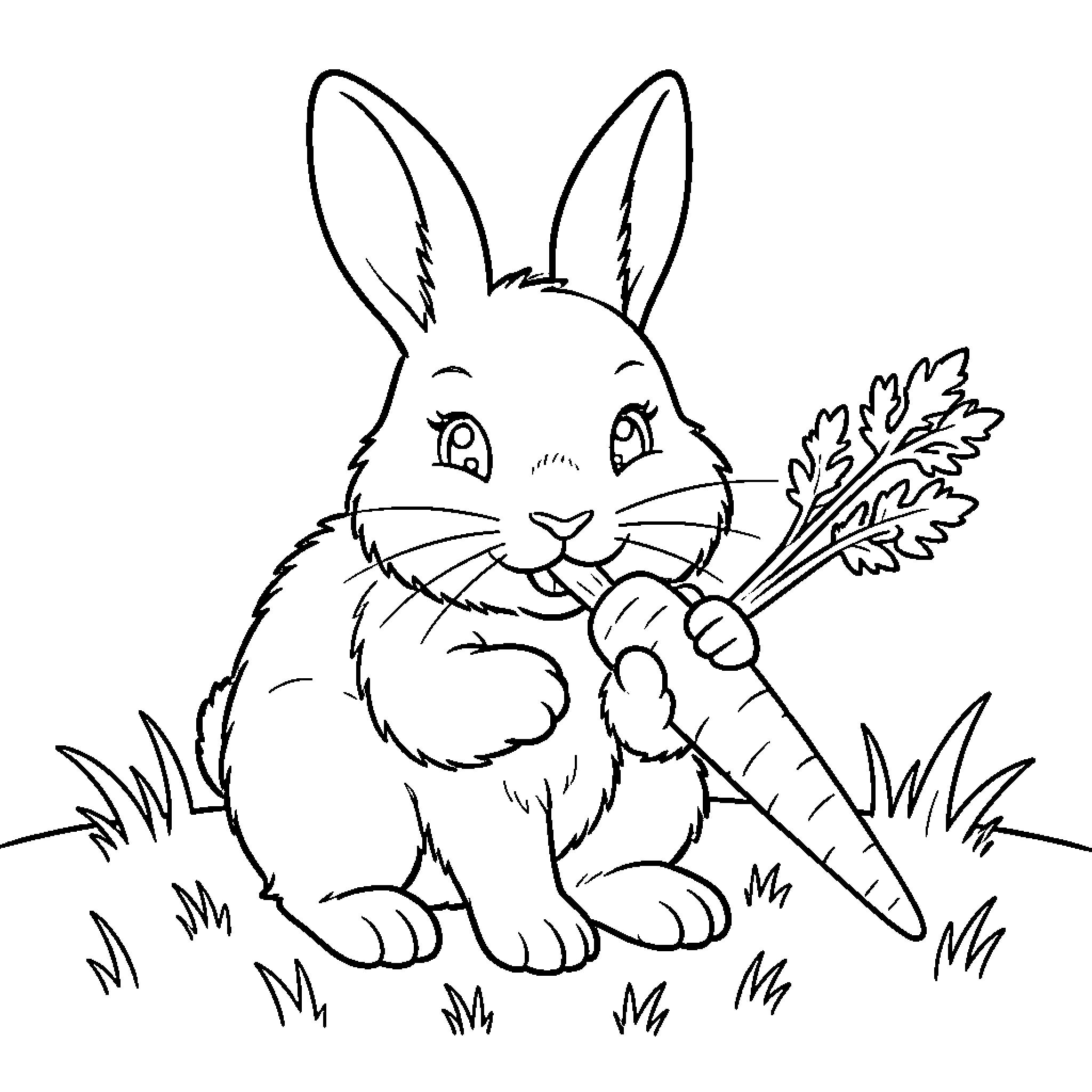 Rabbit with carrot in grassy field Coloring Page (free black-and-white line drawing printable PDF for all, from beginners to advanced learners, including children, teens, adults, and seniors)