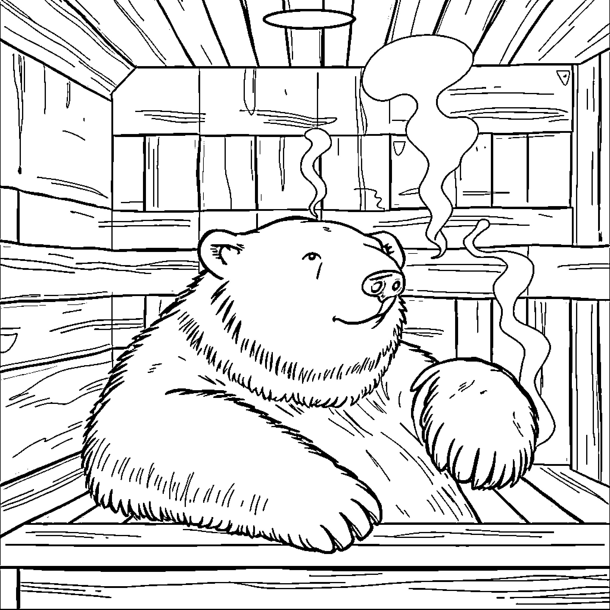 Polar Bear relaxing in a cozy cabin Coloring Page (free black-and-white line drawing printable PDF for all, from beginners to advanced learners, including children, teens, adults, and seniors)