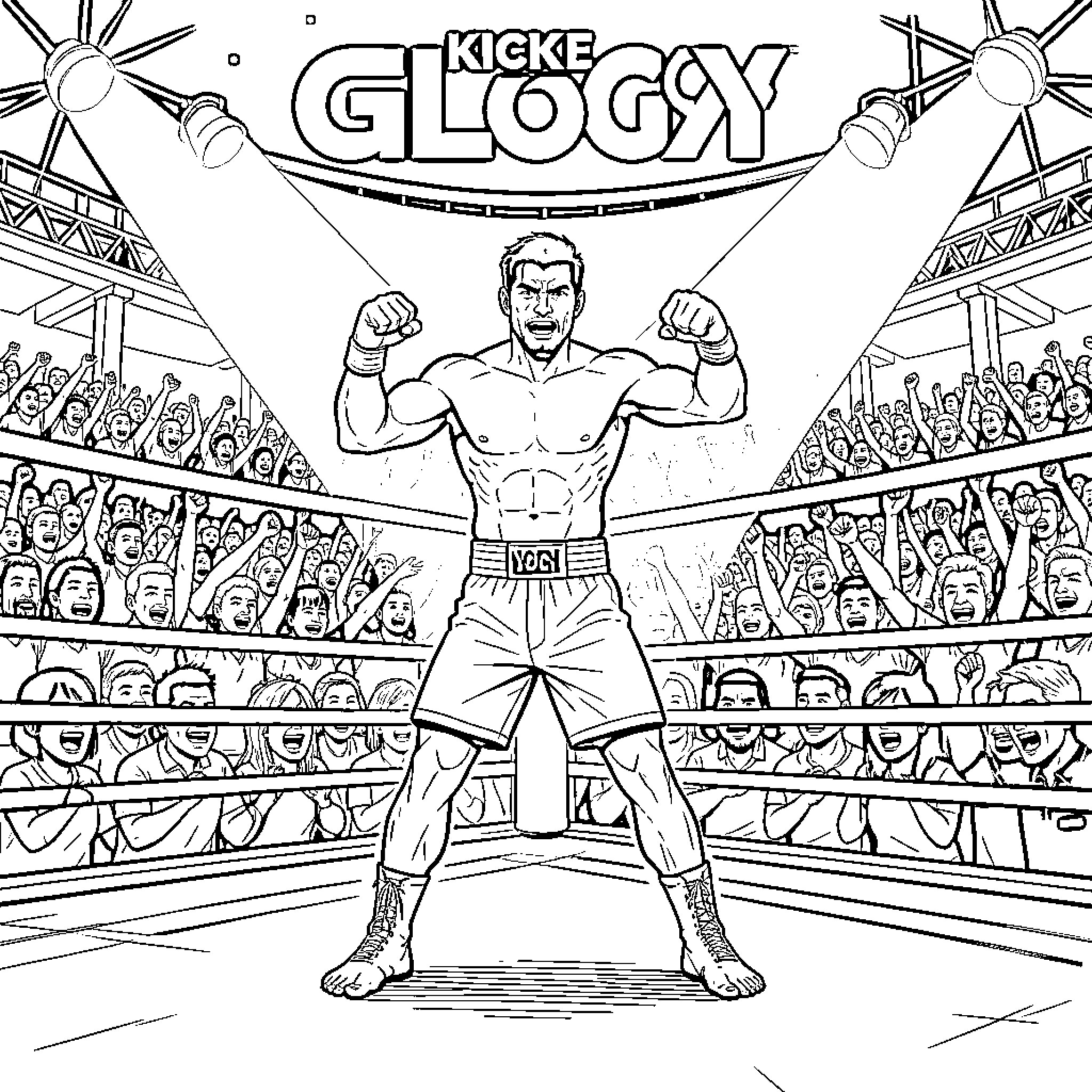 Generame Kicke Glogg, Muscular Wrestler in the Ring Coloring Page (free black-and-white line drawing printable PDF for all, from beginners to advanced learners, including children, teens, adults, and seniors)