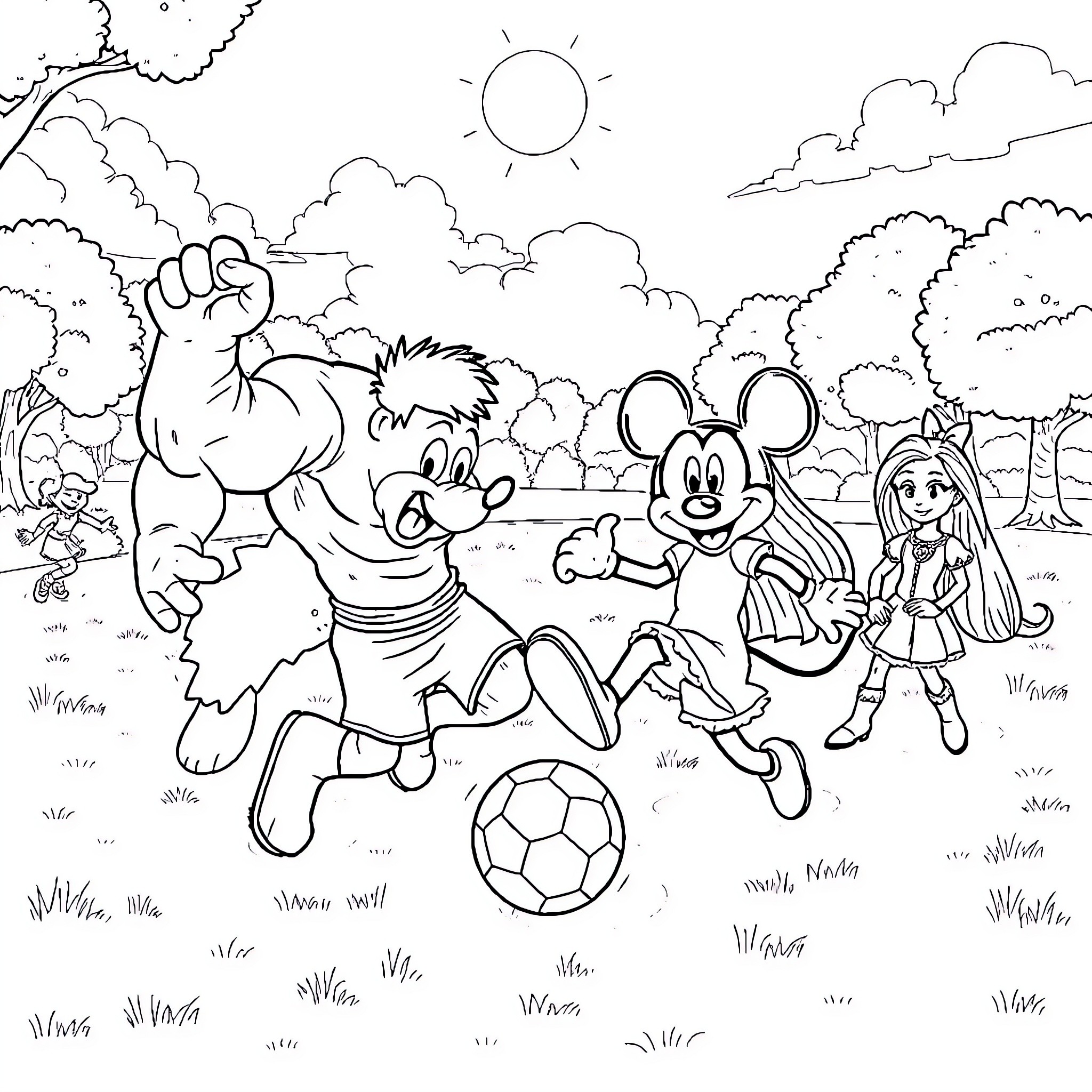Hulk and Friends Playing Soccer in the Park Coloring Page (free black-and-white line drawing printable PDF for all, from beginners to advanced learners, including children, teens, adults, and seniors)