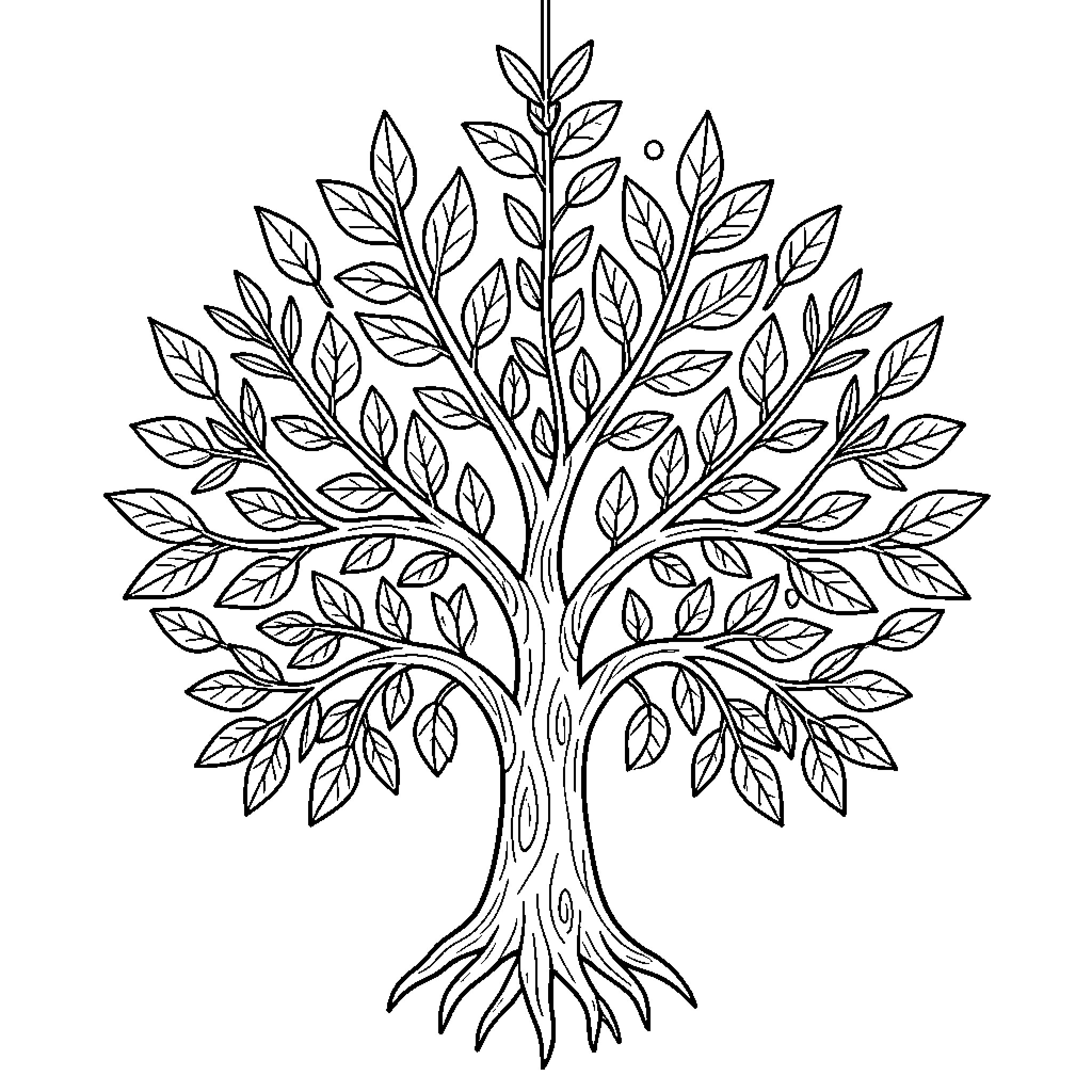 Levensboom - Intricate Leaves and Branches Coloring Page (free black-and-white line drawing printable PDF for all, from beginners to advanced learners, including children, teens, adults, and seniors)