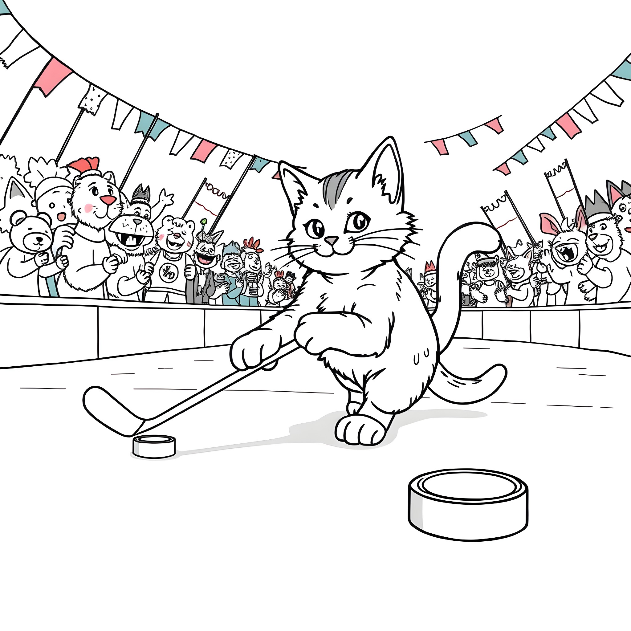 Cat playing hockey with animal friends at a carnival Coloring Page (free black-and-white line drawing printable PDF for all, from beginners to advanced learners, including children, teens, adults, and seniors)
