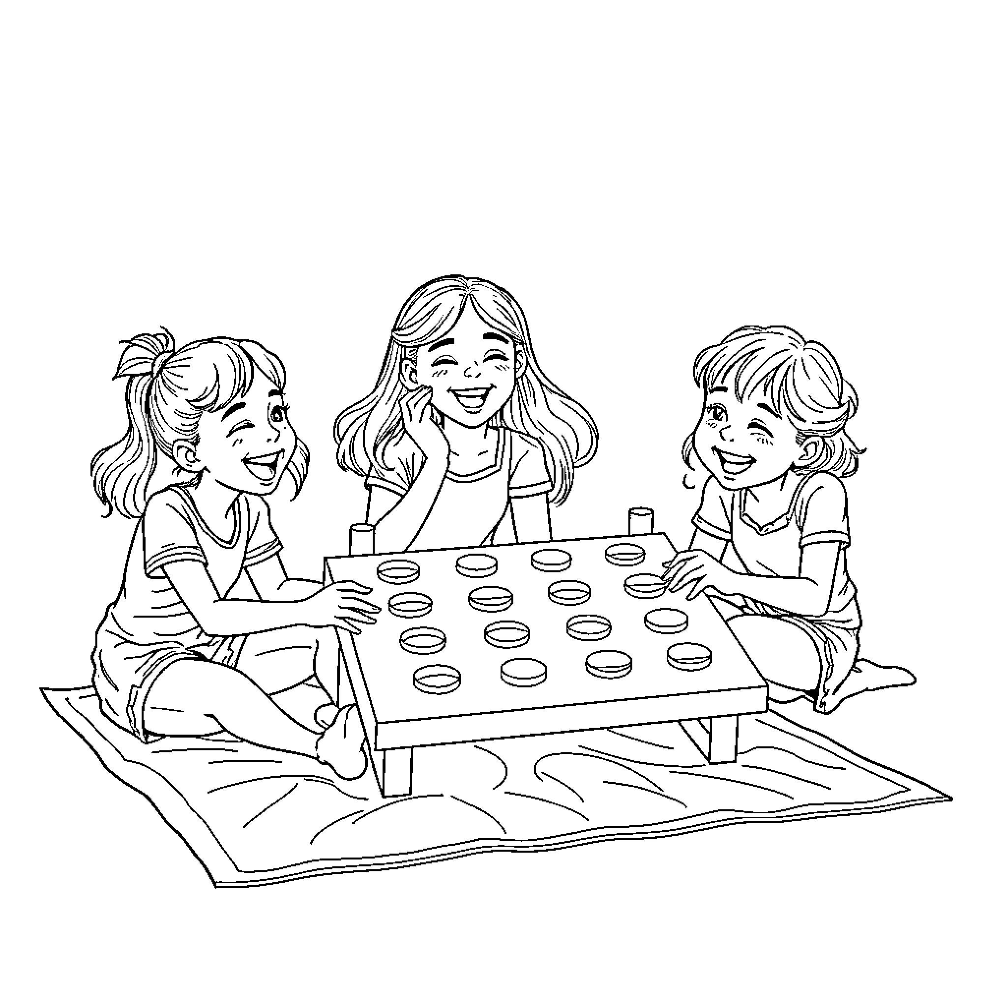 Girls playing together happily on the floor Coloring Page (free black-and-white line drawing printable PDF for all, from beginners to advanced learners, including children, teens, adults, and seniors)