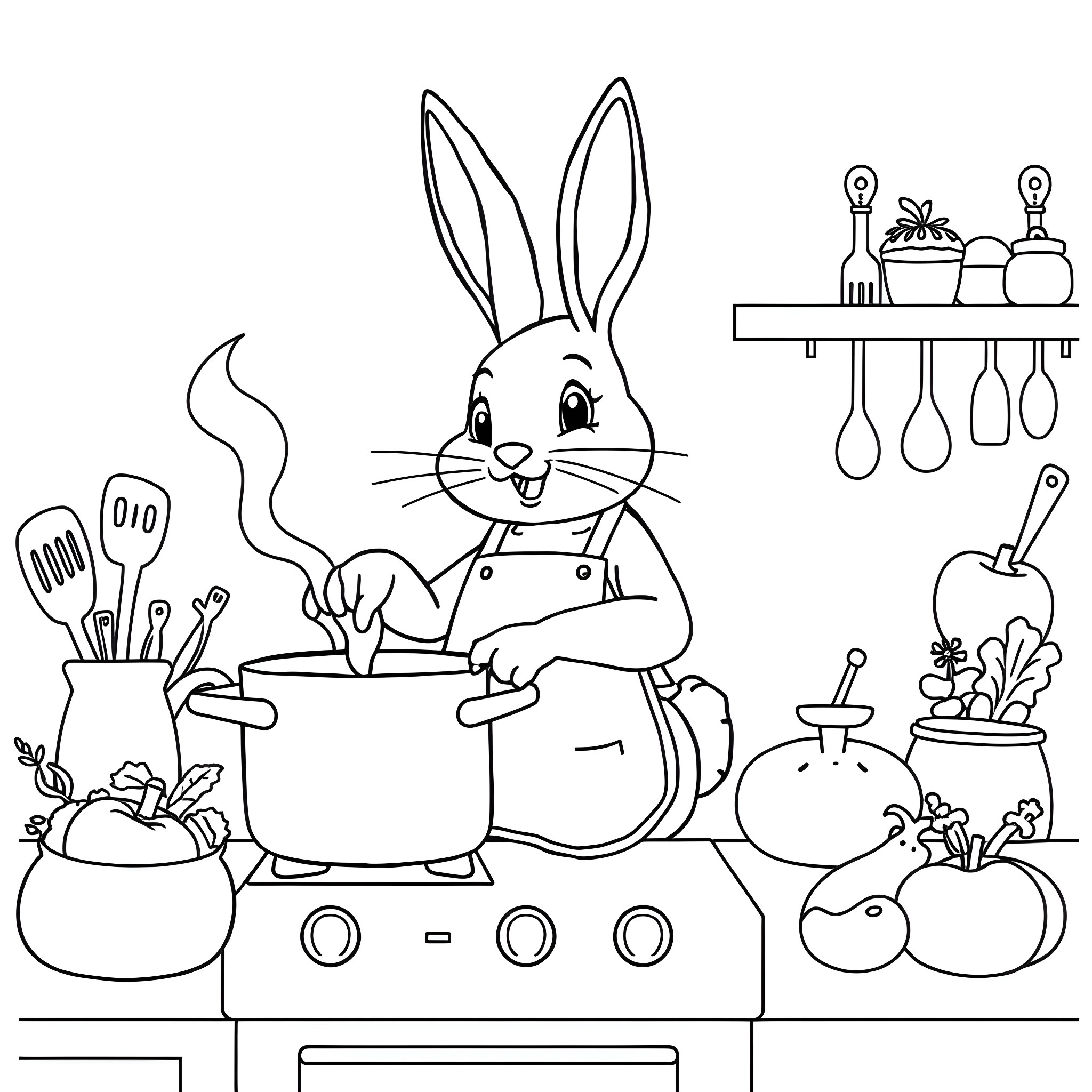 Bunny chef cooking happily in the kitchen Coloring Page (free black-and-white line drawing printable PDF for all, from beginners to advanced learners, including children, teens, adults, and seniors)