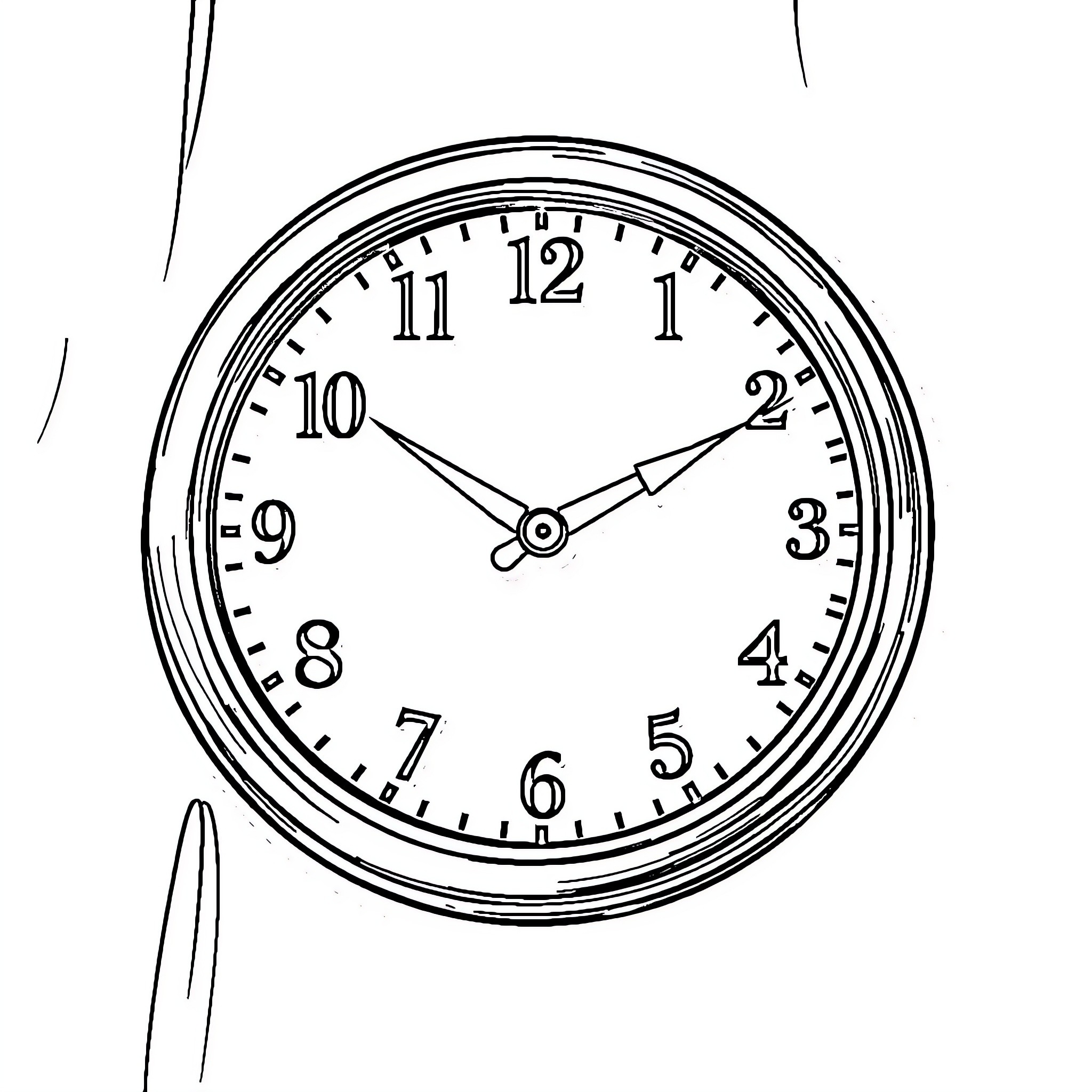 Clock with hands moving in time Coloring Page (free black-and-white line drawing printable PDF for all, from beginners to advanced learners, including children, teens, adults, and seniors)