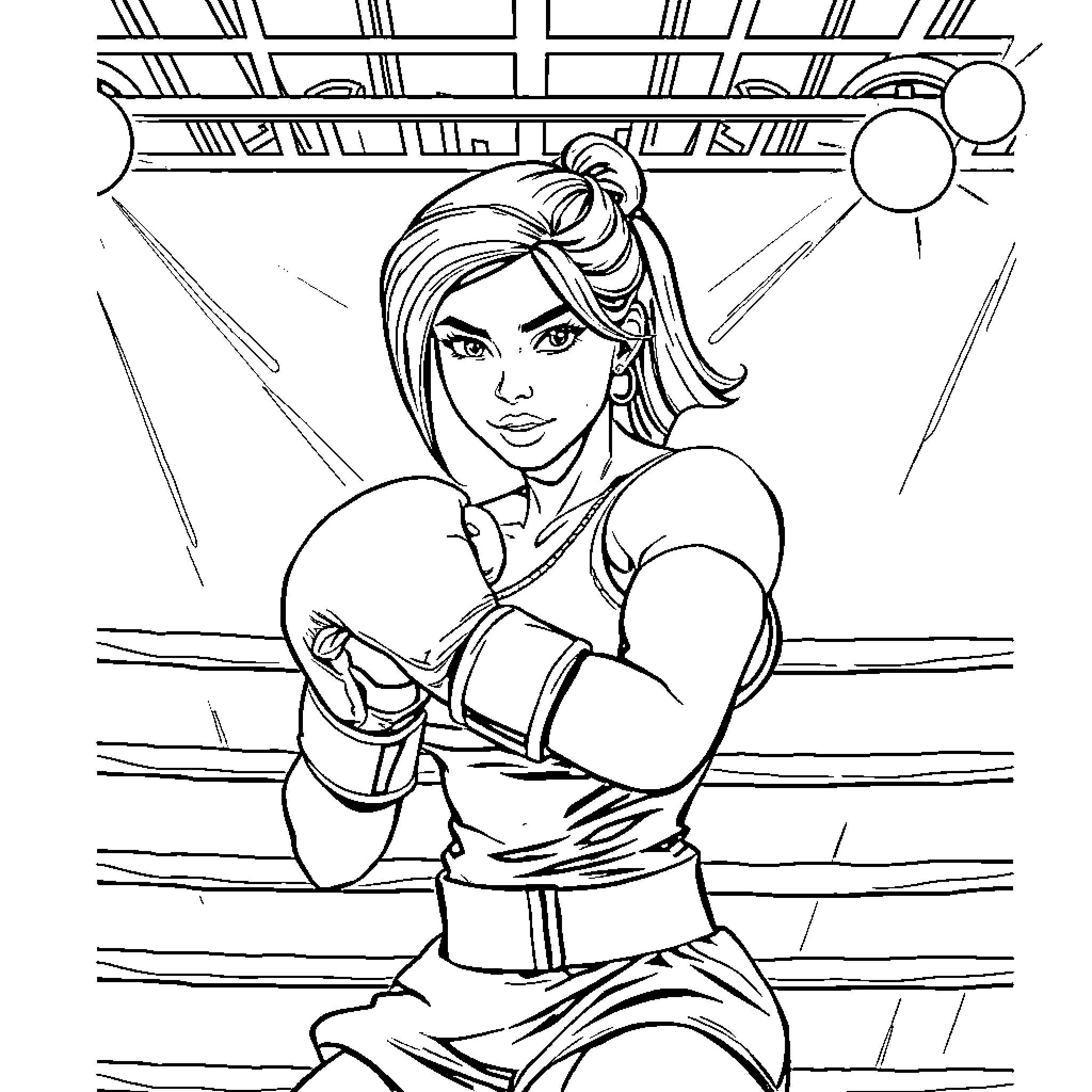 Mira's Powerful Boxing Stance in the Ring Coloring Page (free black-and-white line drawing printable PDF for all, from beginners to advanced learners, including children, teens, adults, and seniors)
