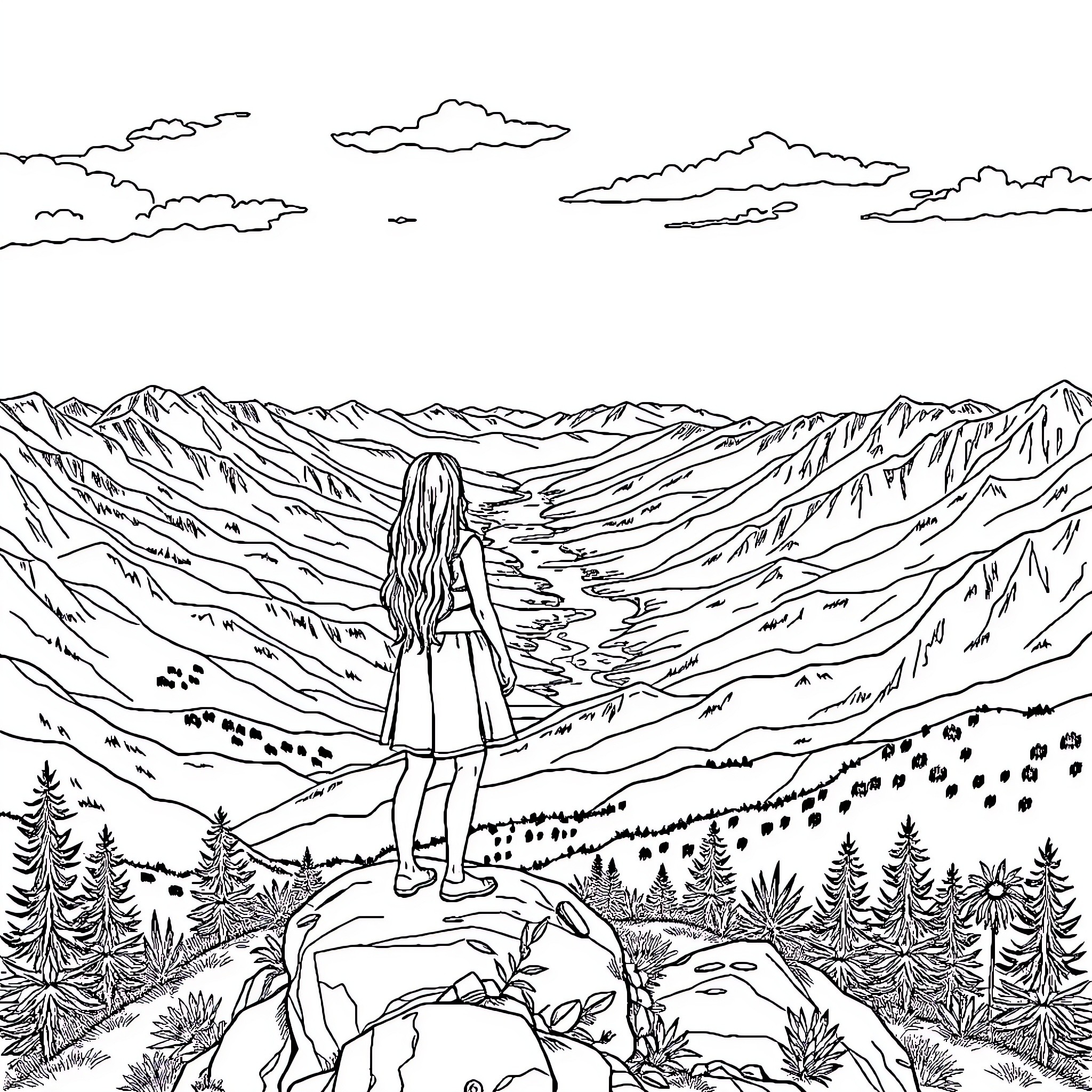 Arielle exploring the majestic mountain landscape Coloring Page (free black-and-white line drawing printable PDF for all, from beginners to advanced learners, including children, teens, adults, and seniors)