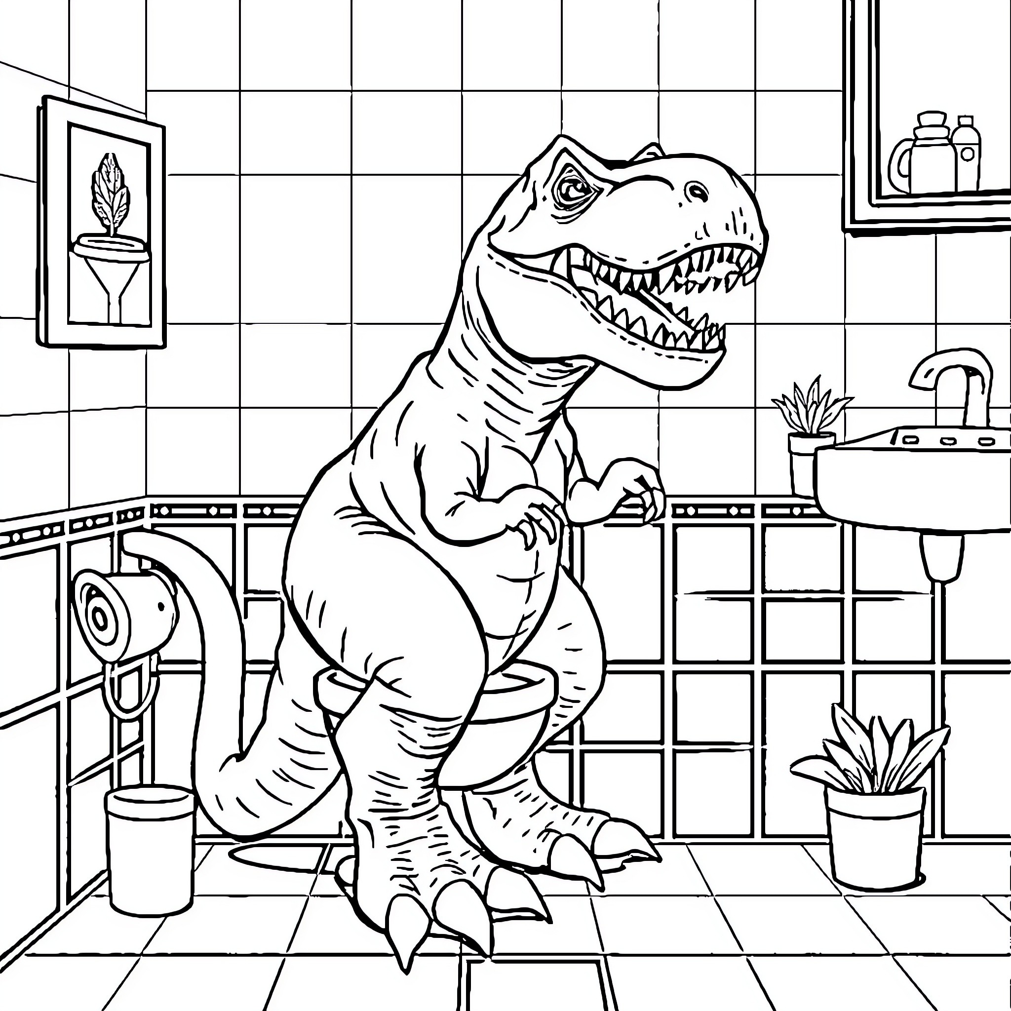 T-Rex Exploring Bathroom Fixtures and Plants Coloring Page (free black-and-white line drawing printable PDF for all, from beginners to advanced learners, including children, teens, adults, and seniors)