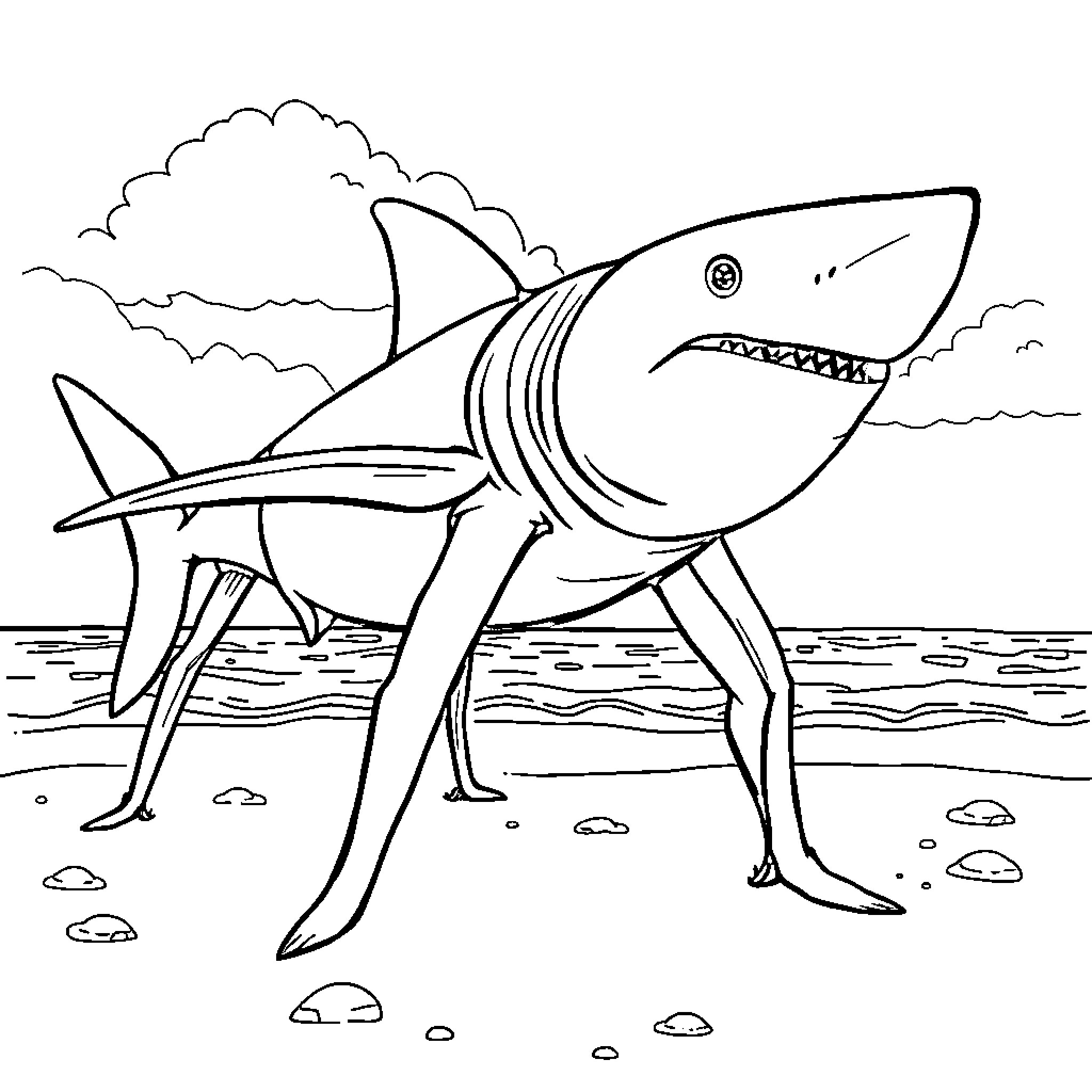 Shark hunting for prey in the ocean Coloring Page (free black-and-white line drawing printable PDF for all, from beginners to advanced learners, including children, teens, adults, and seniors)