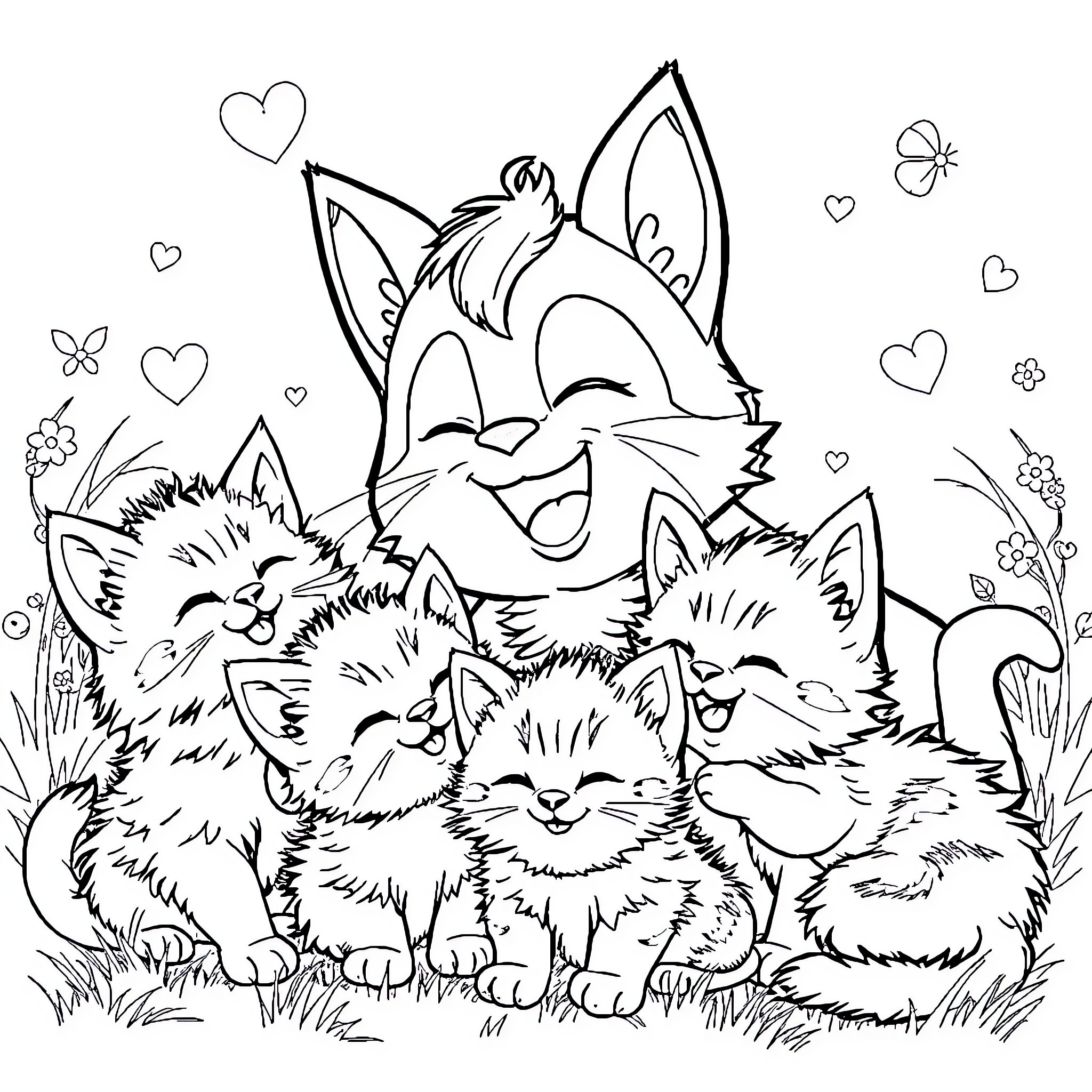 Sprunki's Playful Kittens in a Cozy Embrace Coloring Page (free black-and-white line drawing printable PDF for all, from beginners to advanced learners, including children, teens, adults, and seniors)