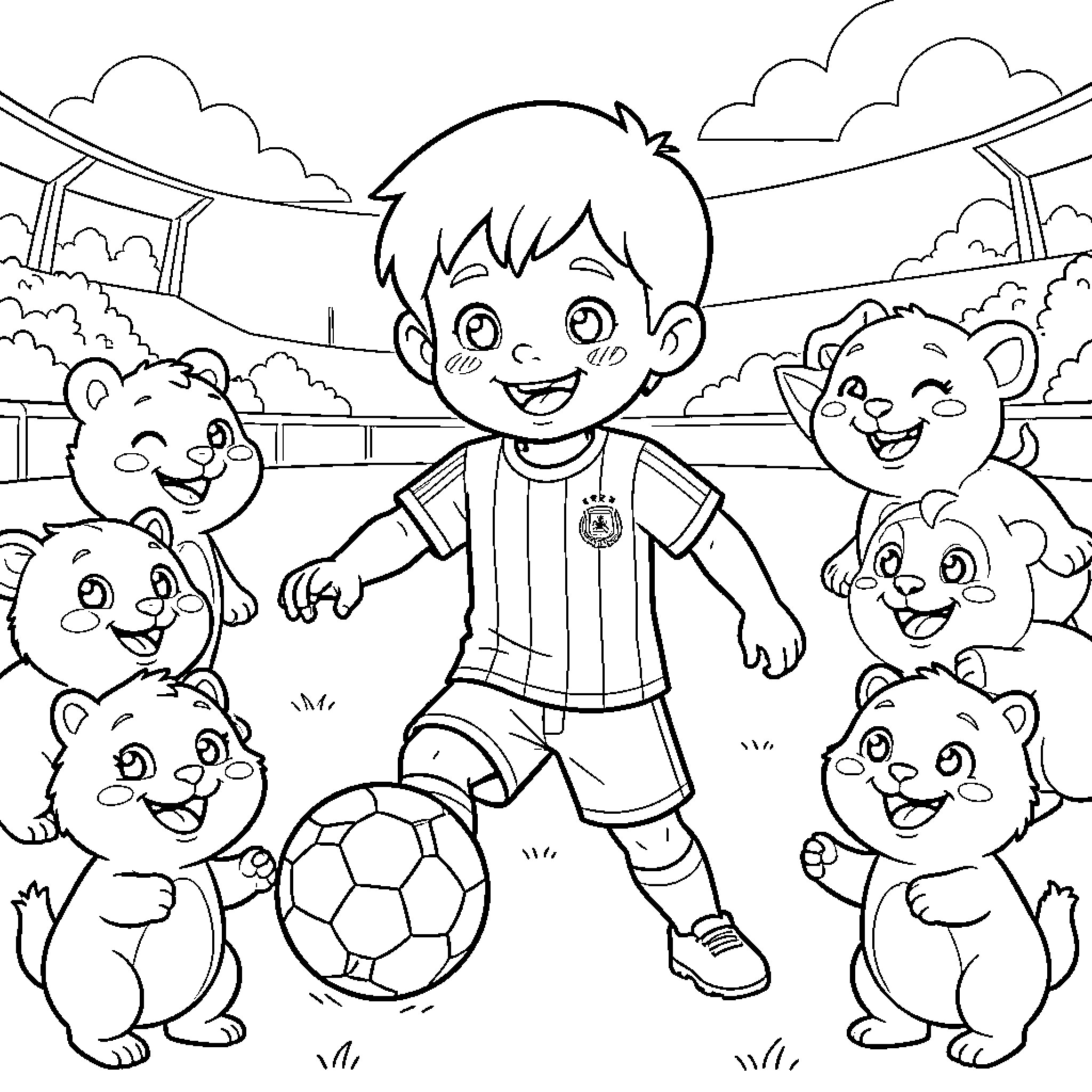 Niño playing soccer with friendly bears Coloring Page (free black-and-white line drawing printable PDF for all, from beginners to advanced learners, including children, teens, adults, and seniors)