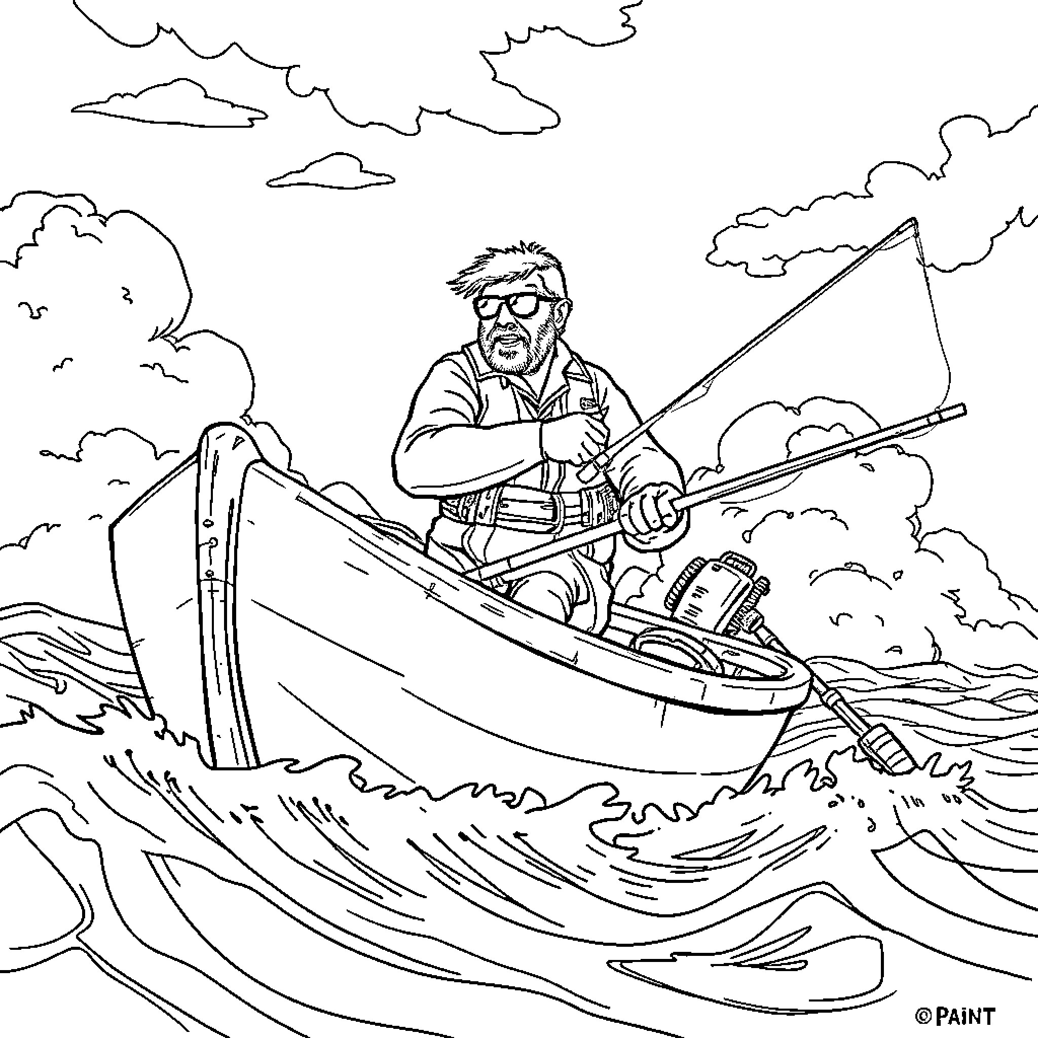 Quint fishing alone in a small boat Coloring Page (free black-and-white line drawing printable PDF for all, from beginners to advanced learners, including children, teens, adults, and seniors)