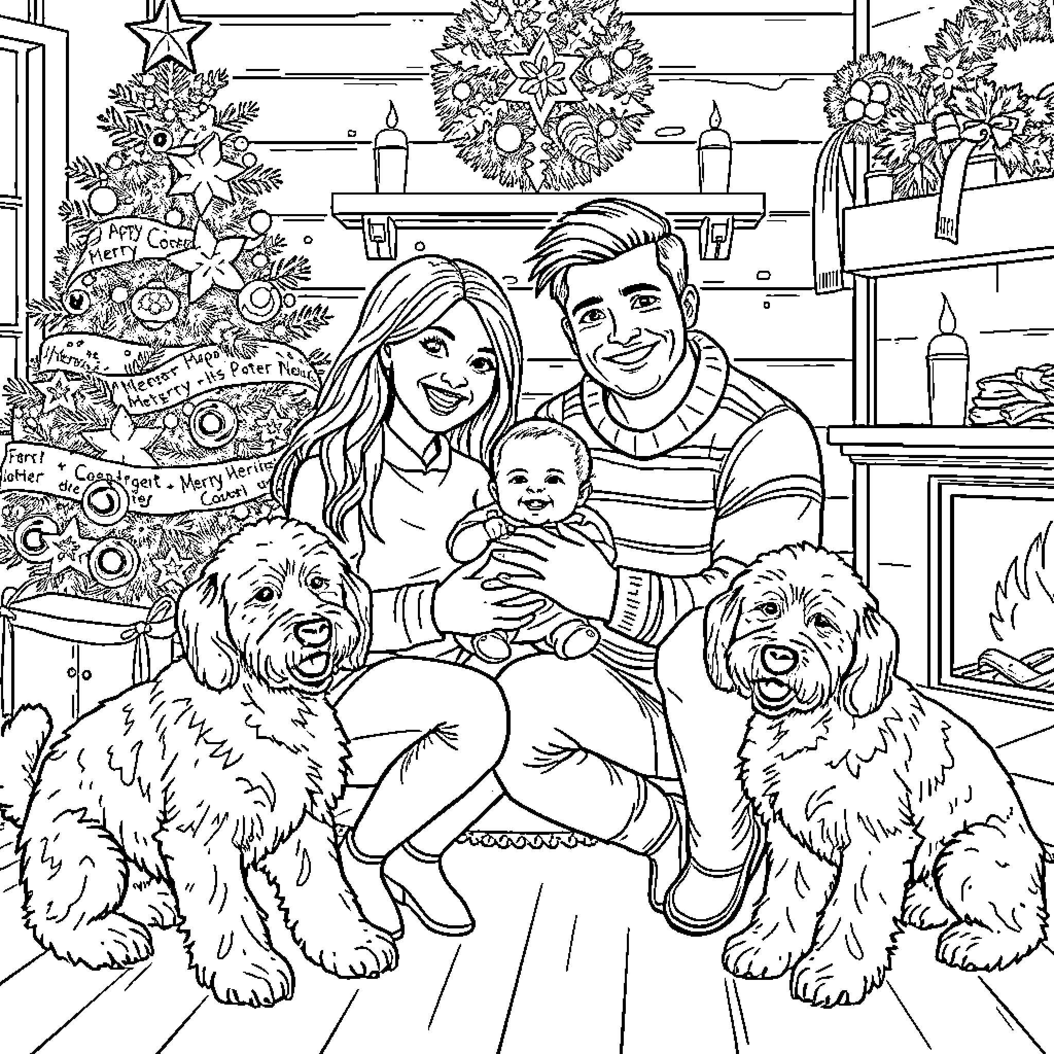 Family Celebrating Christmas Together Coloring Page (free black-and-white line drawing printable PDF for all, from beginners to advanced learners, including children, teens, adults, and seniors)