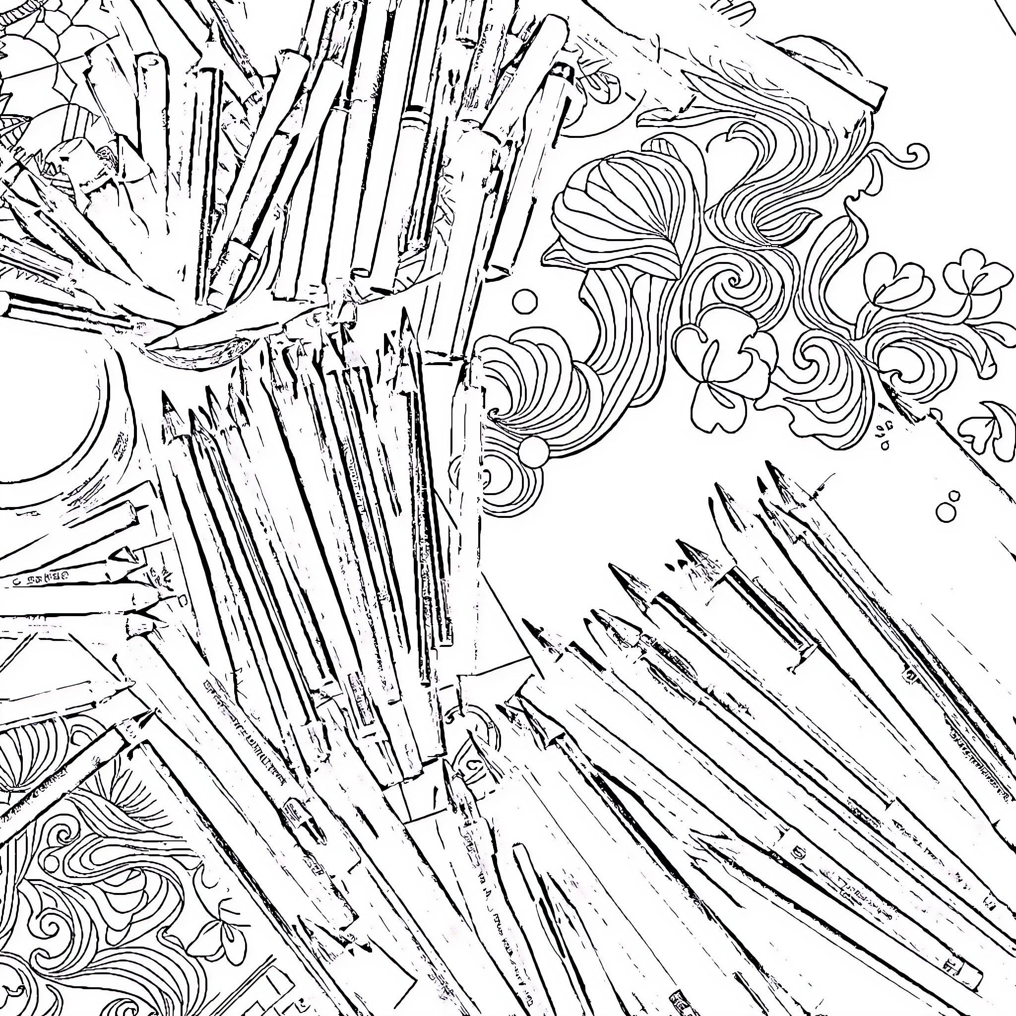 Art Composition of Abstract Shapes and Patterns Coloring Page (free black-and-white line drawing printable PDF for all, from beginners to advanced learners, including children, teens, adults, and seniors)