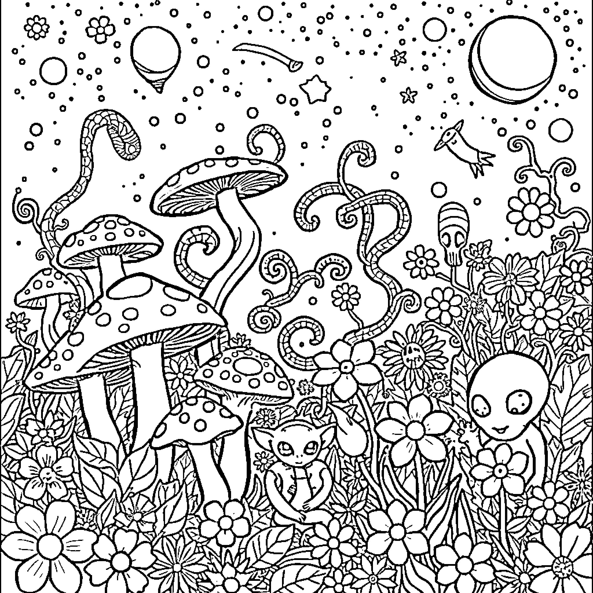 Mushroom Creatures Frolicking in Fantastical Forest Coloring Page (free black-and-white line drawing printable PDF for all, from beginners to advanced learners, including children, teens, adults, and seniors)