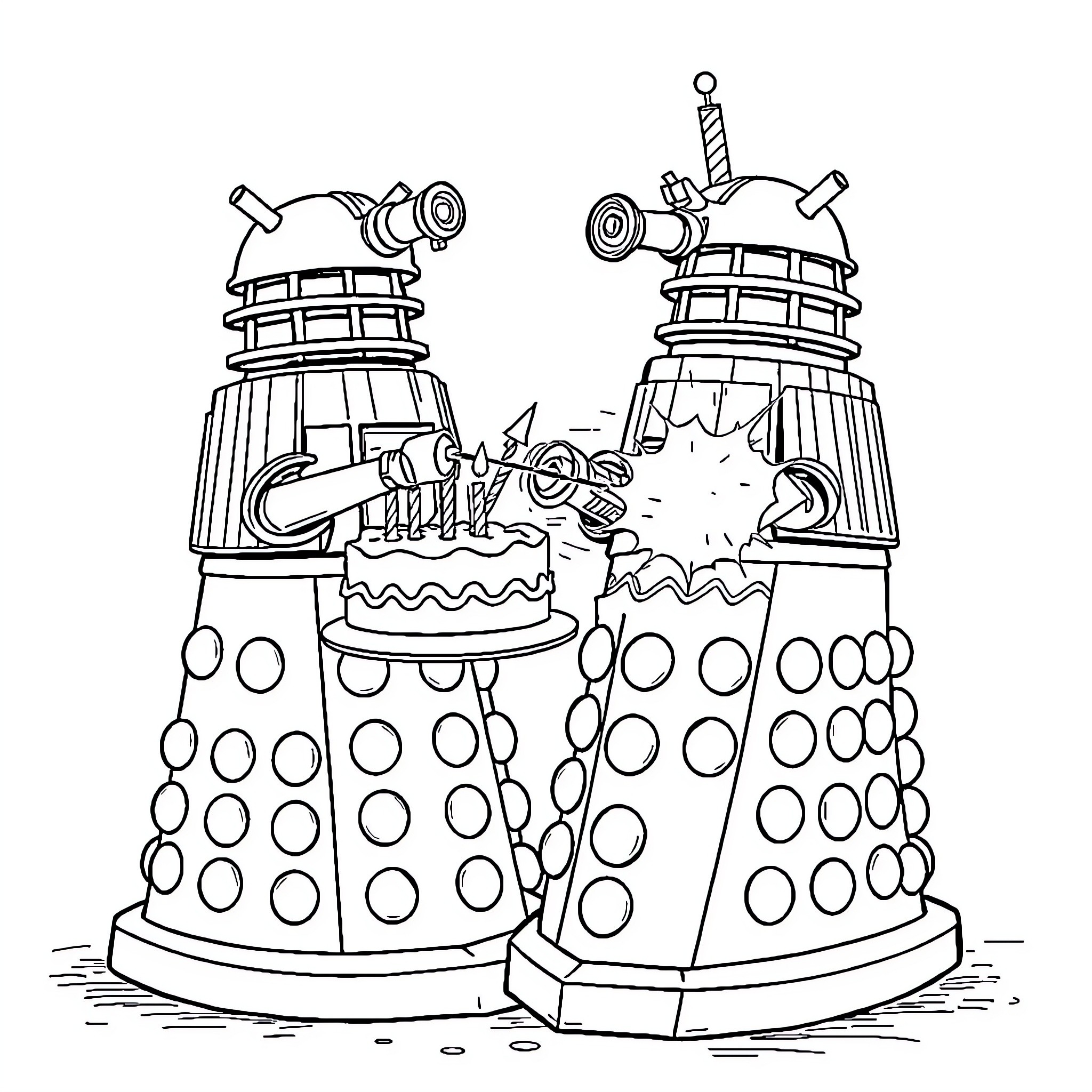 Daleks celebrating with cake and festivities Coloring Page (free black-and-white line drawing printable PDF for all, from beginners to advanced learners, including children, teens, adults, and seniors)