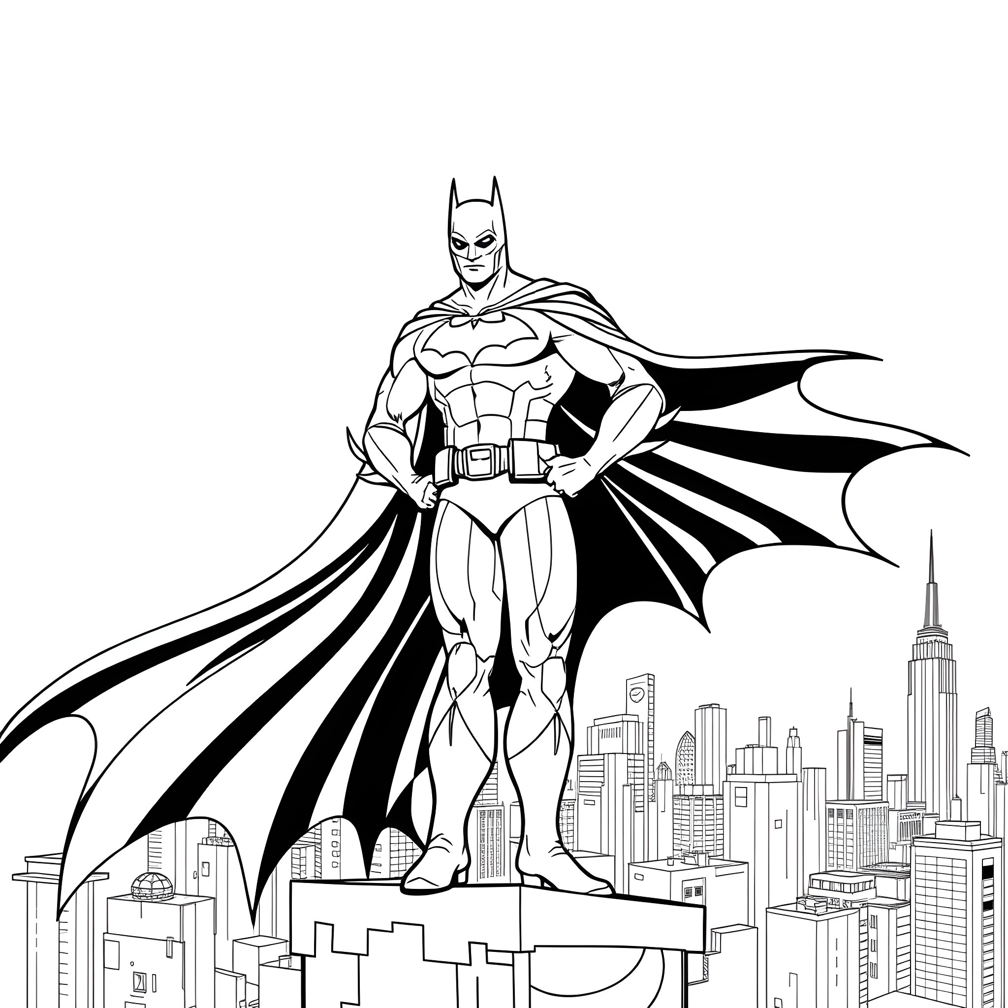 Batman standing heroically over the city skyline Coloring Page (free black-and-white line drawing printable PDF for all, from beginners to advanced learners, including children, teens, adults, and seniors)