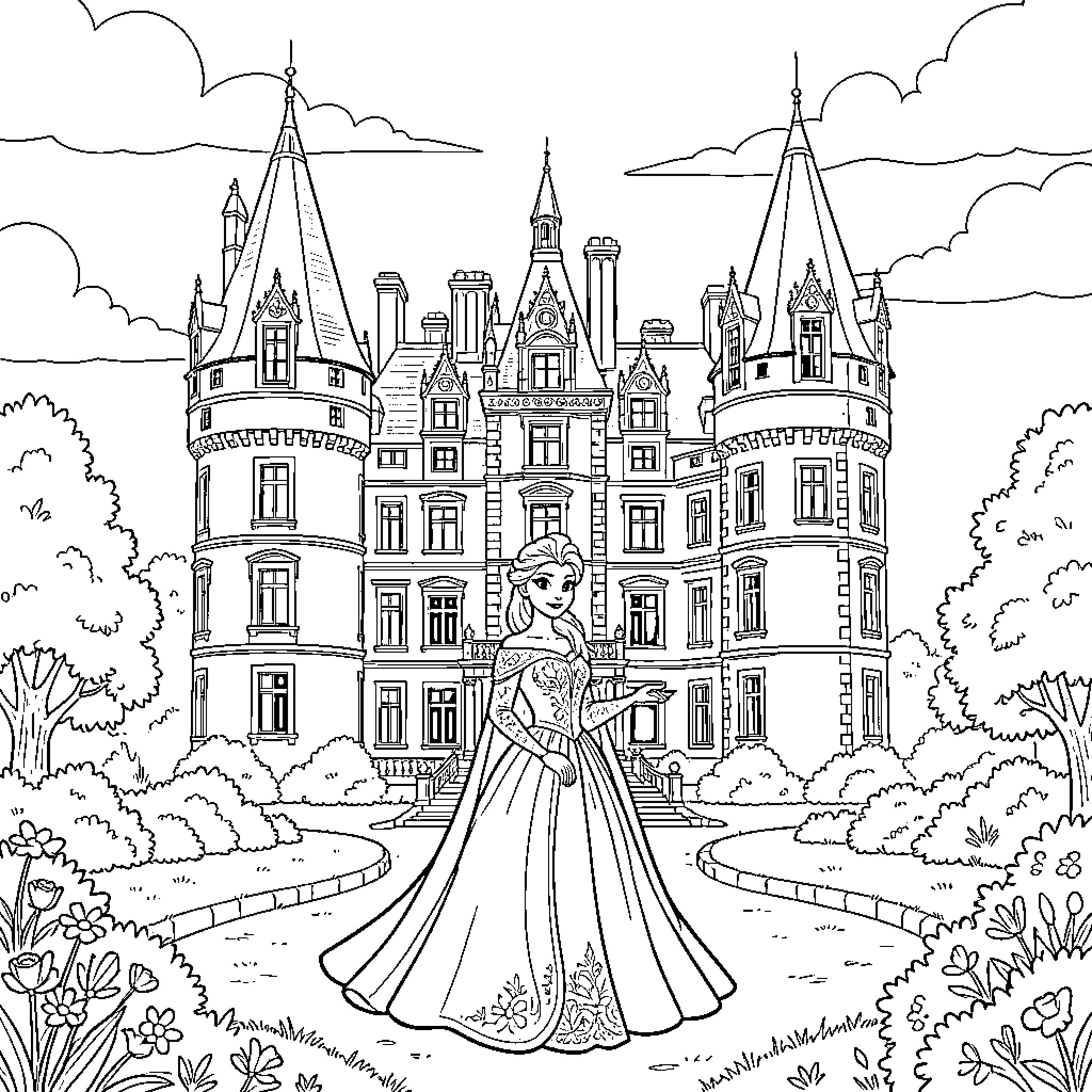 Elsa standing gracefully in front of a grand castle Coloring Page (free black-and-white line drawing printable PDF for all, from beginners to advanced learners, including children, teens, adults, and seniors)
