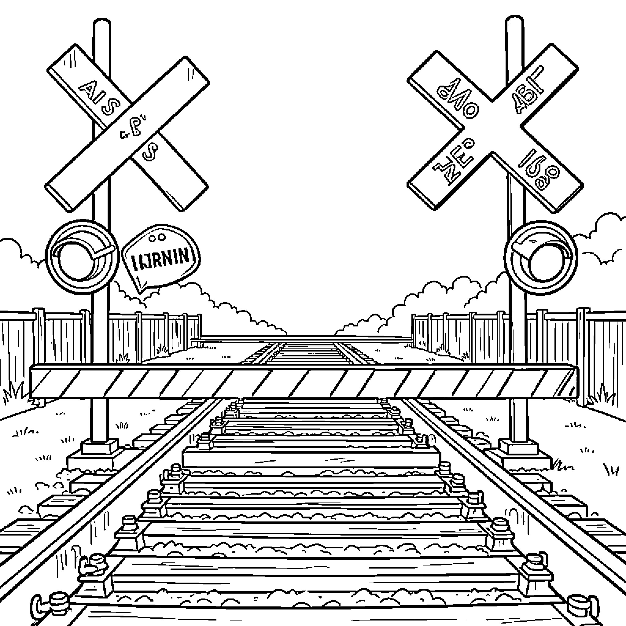 Railroad Crossing with lowered gates and crossing signs Coloring Page (free black-and-white line drawing printable PDF for all, from beginners to advanced learners, including children, teens, adults, and seniors)