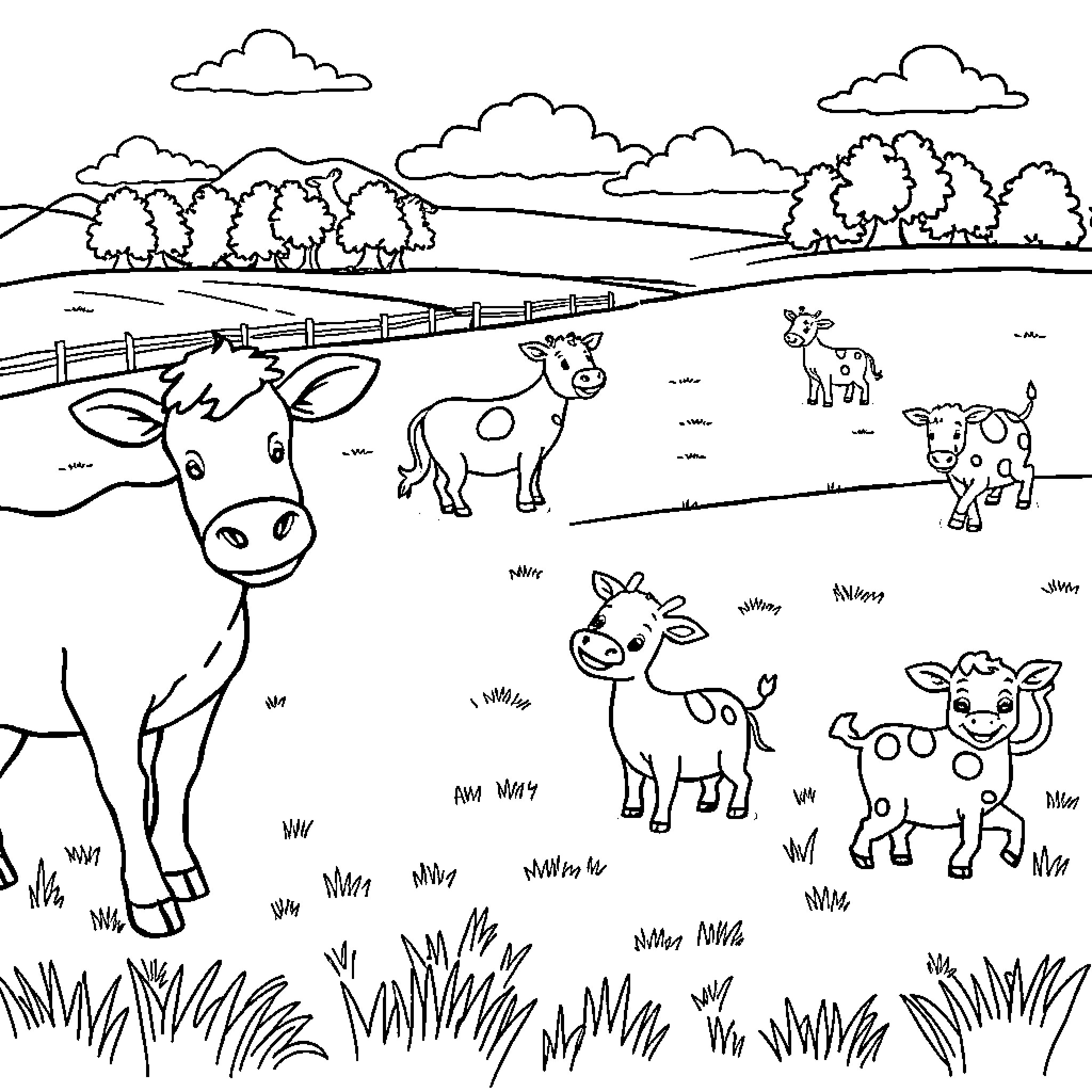 Animal farm scene with cows, goats, and horses Coloring Page (free black-and-white line drawing printable PDF for all, from beginners to advanced learners, including children, teens, adults, and seniors)