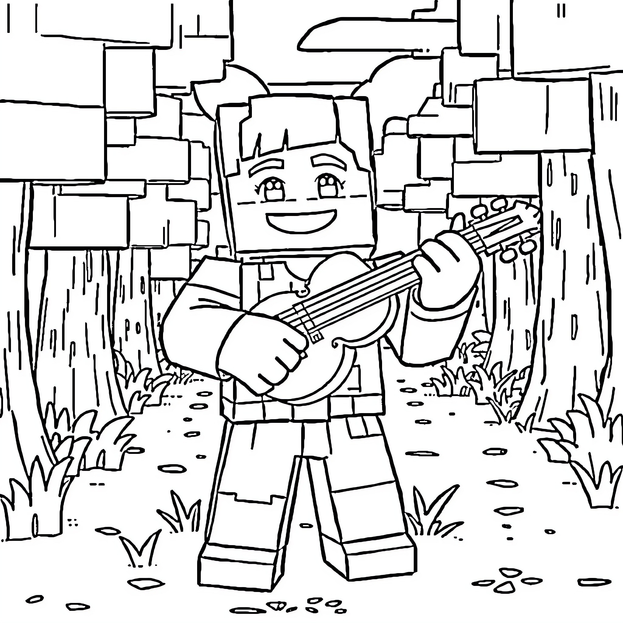 Minecraft Steve playing a guitar in the forest Coloring Page (free black-and-white line drawing printable PDF for all, from beginners to advanced learners, including children, teens, adults, and seniors)