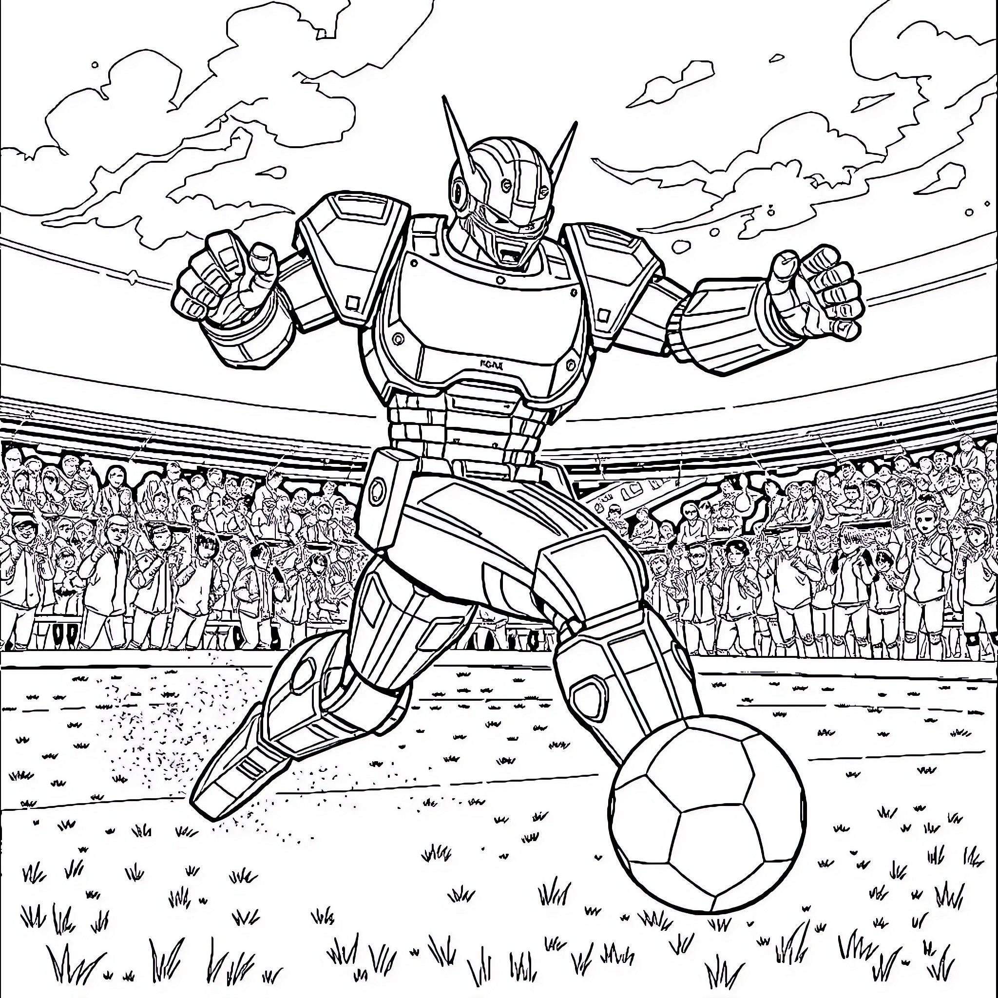 Goldorak playing soccer in a crowded stadium Coloring Page (free black-and-white line drawing printable PDF for all, from beginners to advanced learners, including children, teens, adults, and seniors)
