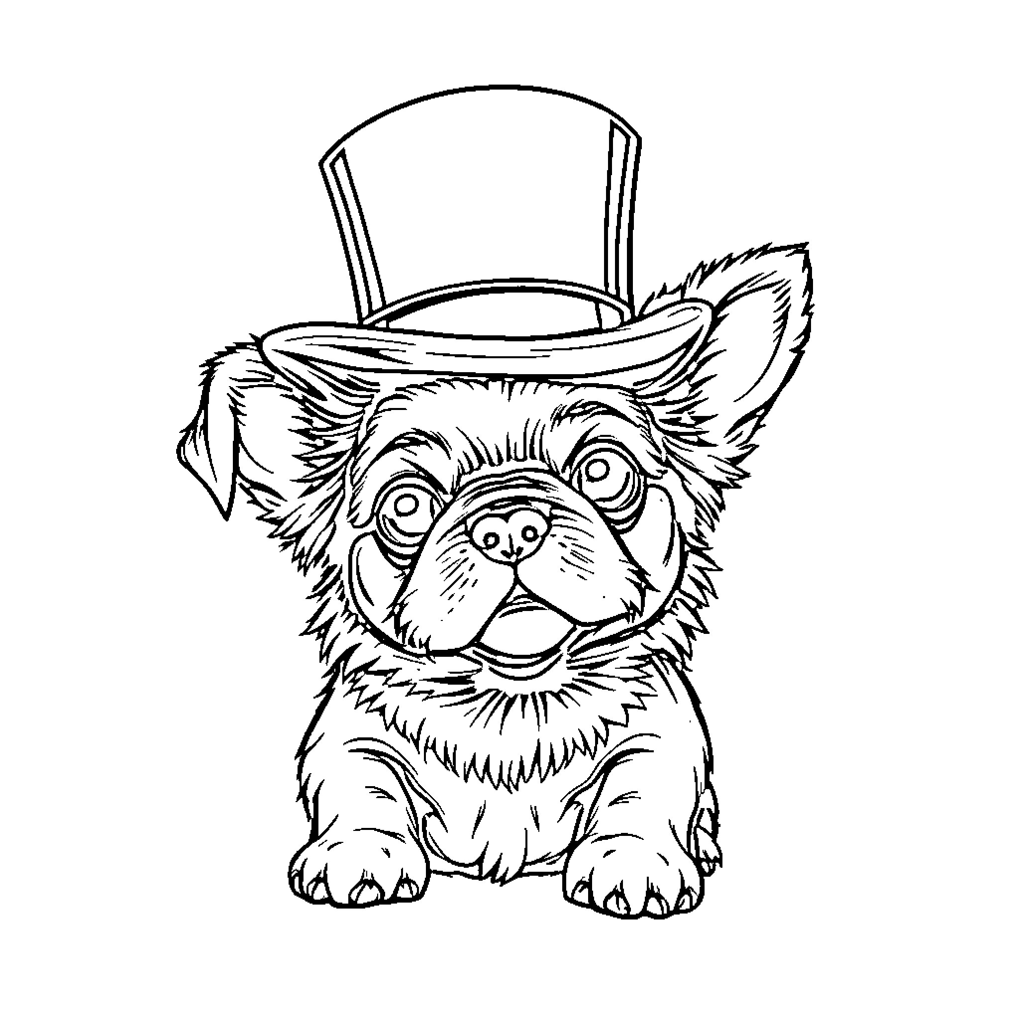 Dog wearing top hat and smiling Coloring Page (free black-and-white line drawing printable PDF for all, from beginners to advanced learners, including children, teens, adults, and seniors)