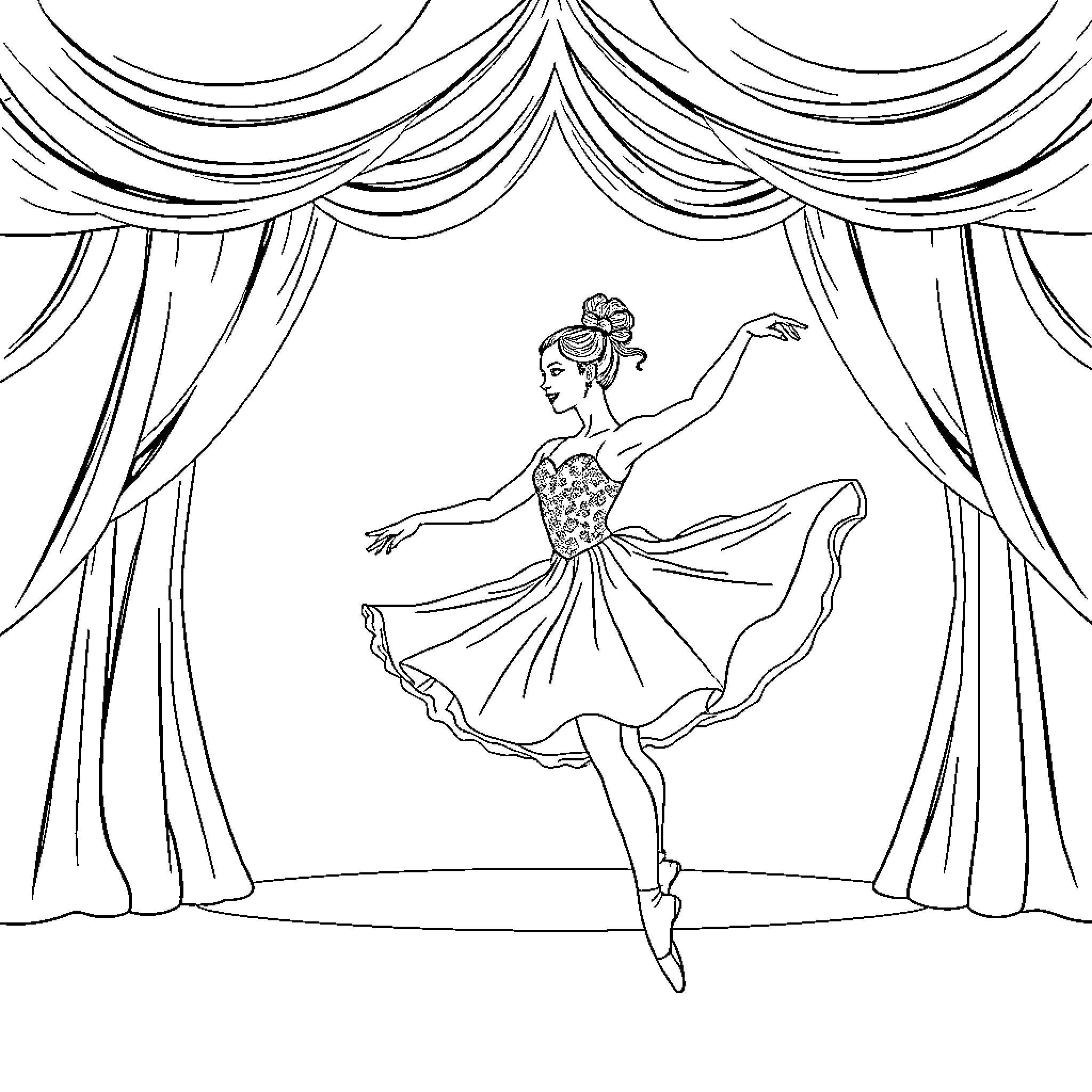Ballerina gracefully performing on stage Coloring Page (free black-and-white line drawing printable PDF for all, from beginners to advanced learners, including children, teens, adults, and seniors)