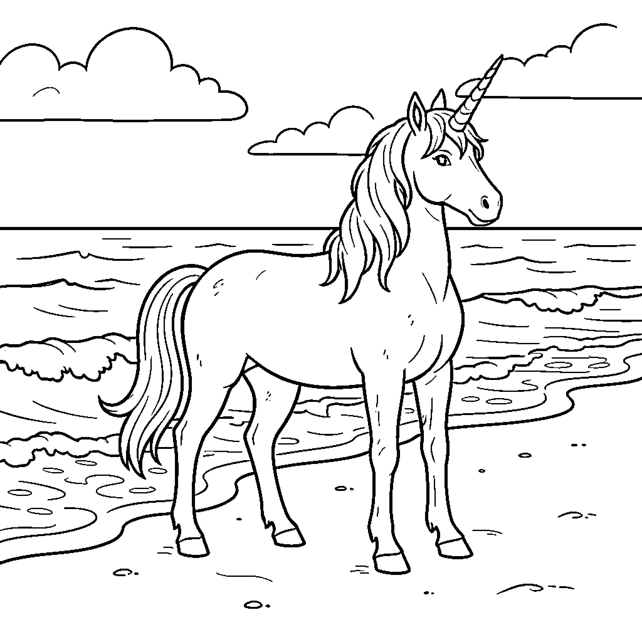 Unicorn standing peacefully on a sandy beach Coloring Page (free black-and-white line drawing printable PDF for all, from beginners to advanced learners, including children, teens, adults, and seniors)