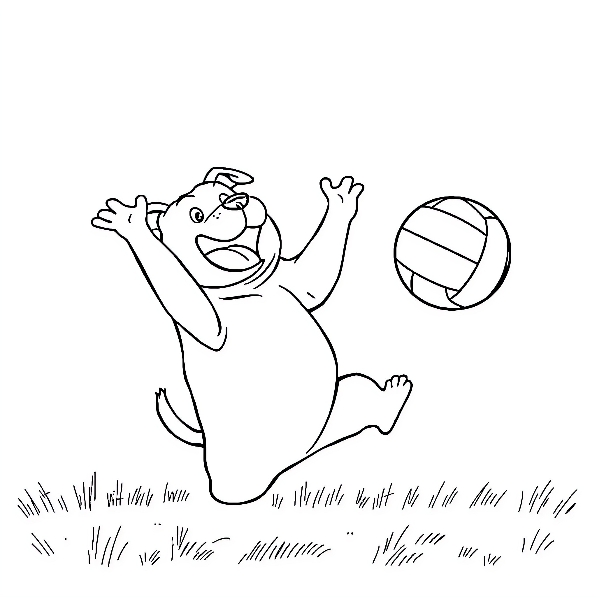 Dog playing with volleyball on the grass Coloring Page (free black-and-white line drawing printable PDF for all, from beginners to advanced learners, including children, teens, adults, and seniors)