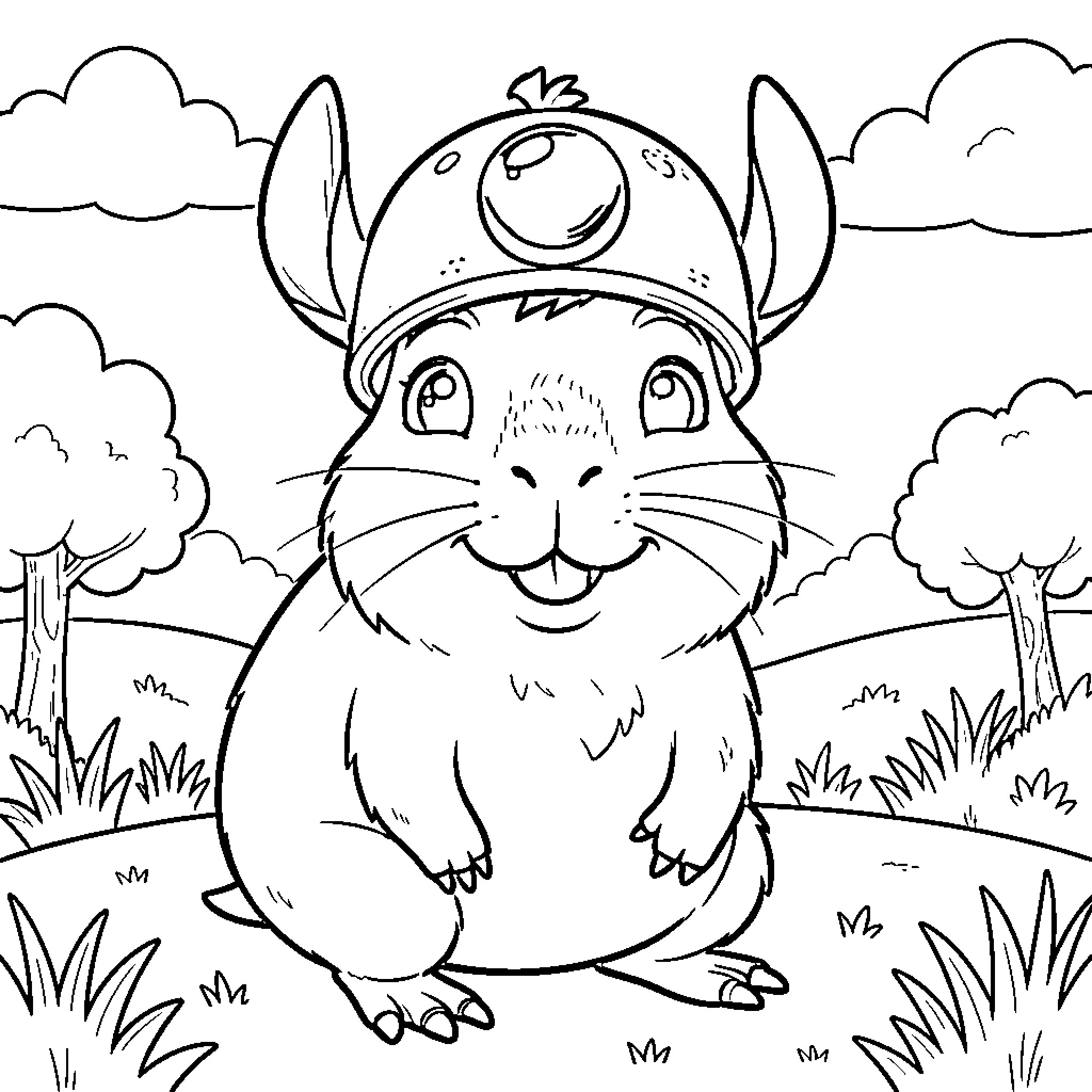 Capybara wearing a helmet in a nature scene Coloring Page (free black-and-white line drawing printable PDF for all, from beginners to advanced learners, including children, teens, adults, and seniors)