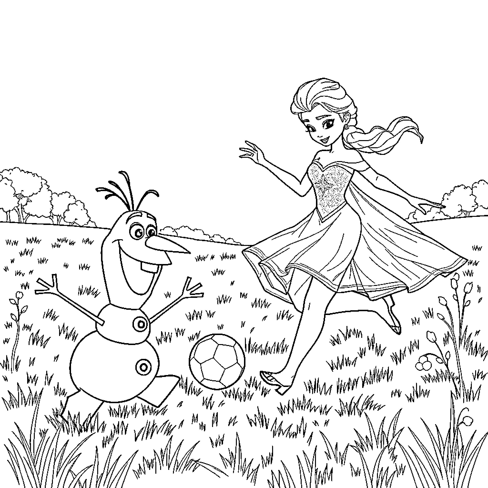 Elsa playing cheerfully with Olaf in the meadow Coloring Page (free black-and-white line drawing printable PDF for all, from beginners to advanced learners, including children, teens, adults, and seniors)