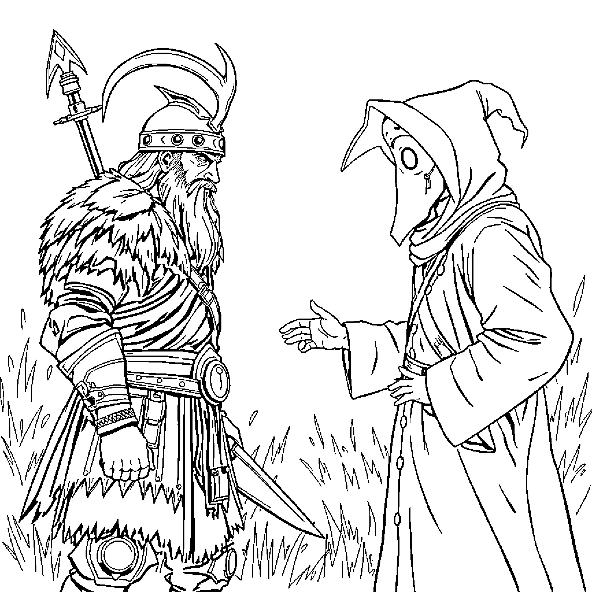 Viking warriors in fierce confrontation Coloring Page (free black-and-white line drawing printable PDF for all, from beginners to advanced learners, including children, teens, adults, and seniors)