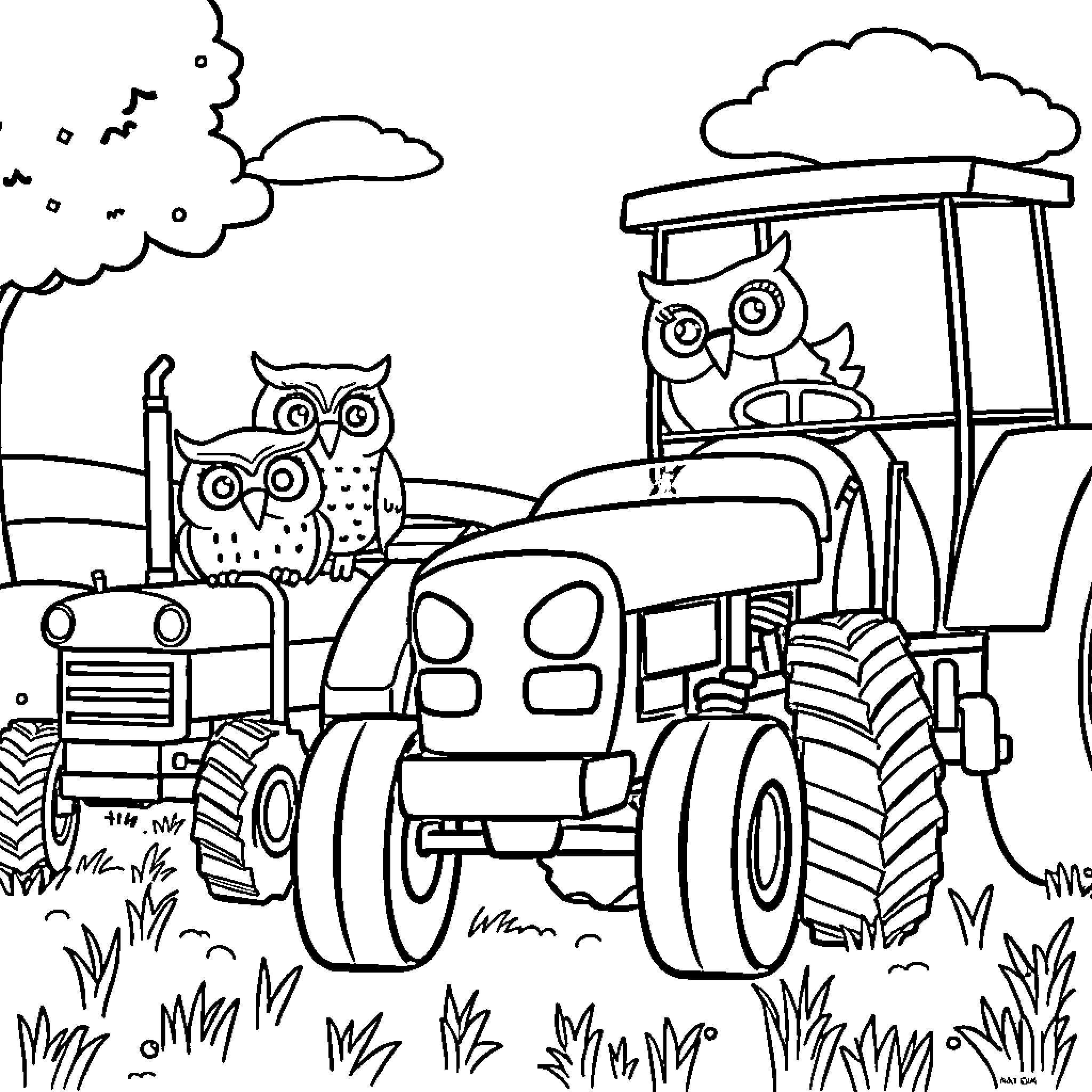 Owl on Tractor in Farm Landscape Coloring Page (free black-and-white line drawing printable PDF for all, from beginners to advanced learners, including children, teens, adults, and seniors)
