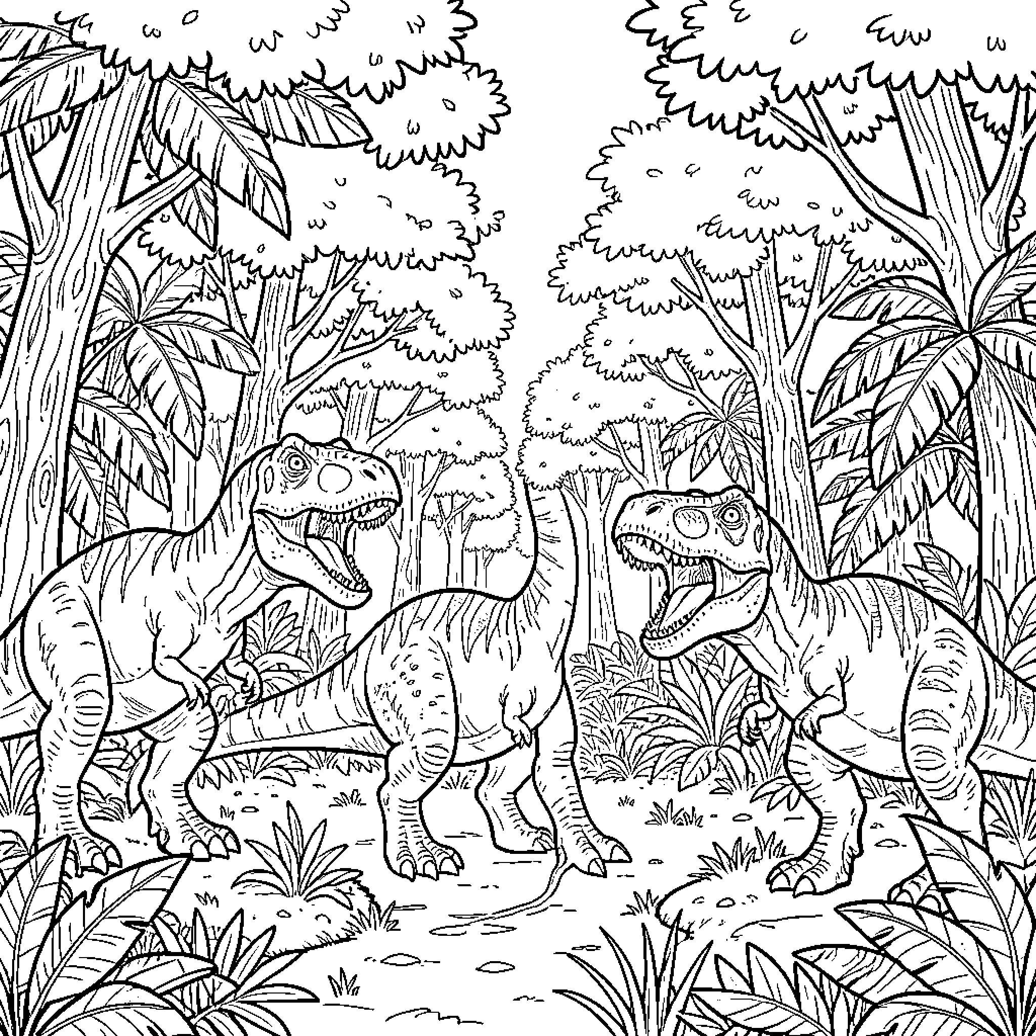 Dinosaurs exploring the lush prehistoric jungle Coloring Page (free black-and-white line drawing printable PDF for all, from beginners to advanced learners, including children, teens, adults, and seniors)