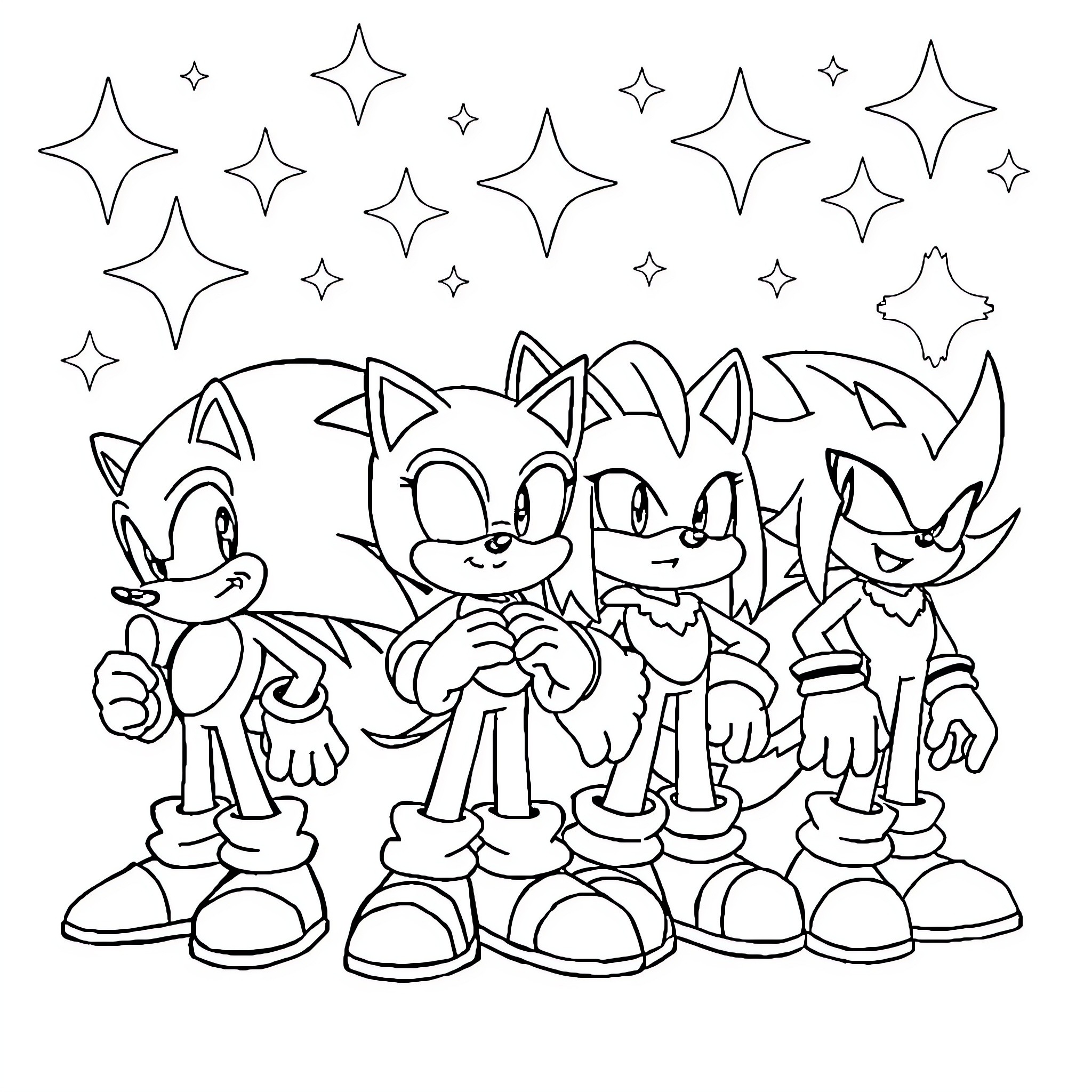 Sonic and friends in a lively scene Coloring Page (free black-and-white line drawing printable PDF for all, from beginners to advanced learners, including children, teens, adults, and seniors)