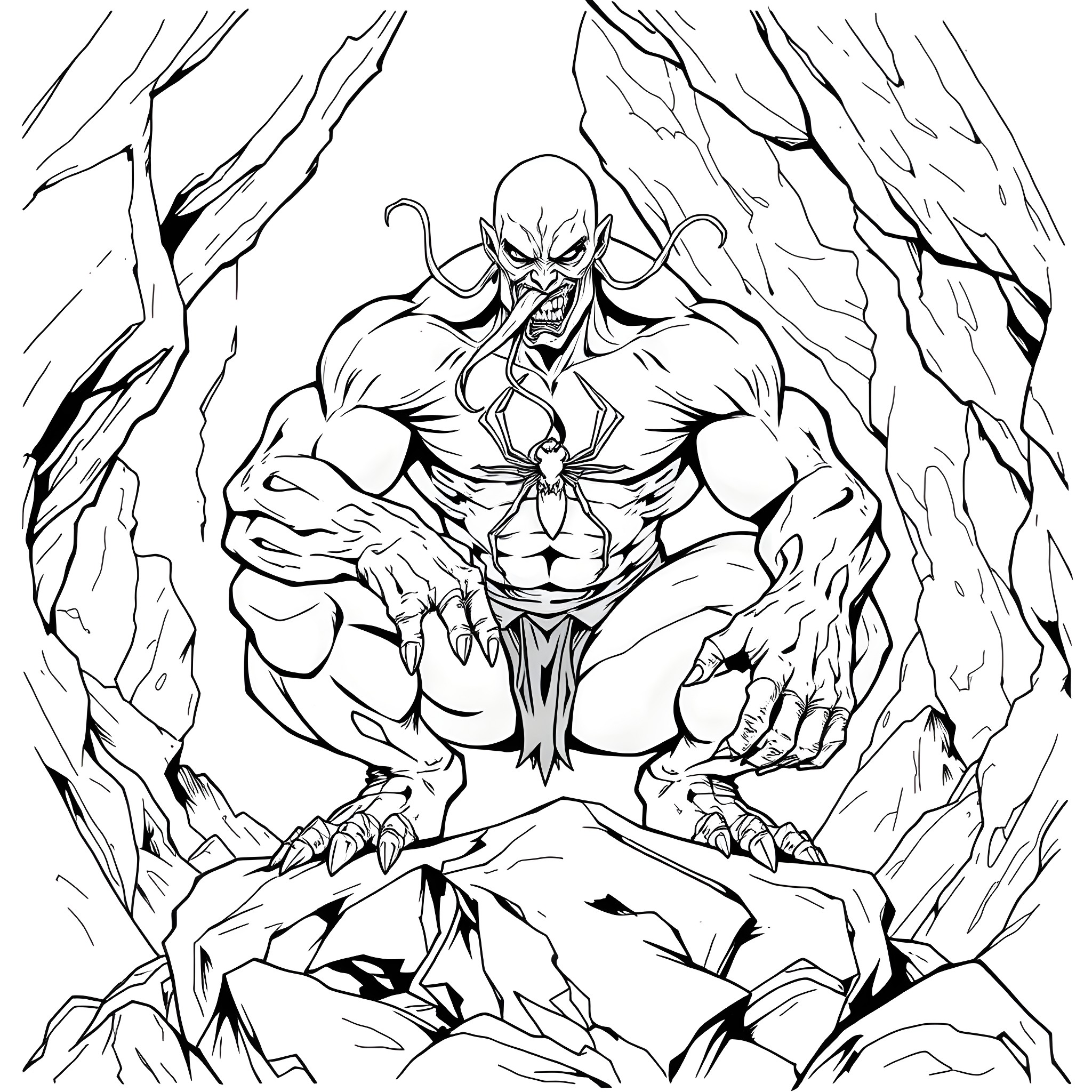 Venom unleashing terror in a chaotic environment Coloring Page (free black-and-white line drawing printable PDF for all, from beginners to advanced learners, including children, teens, adults, and seniors)