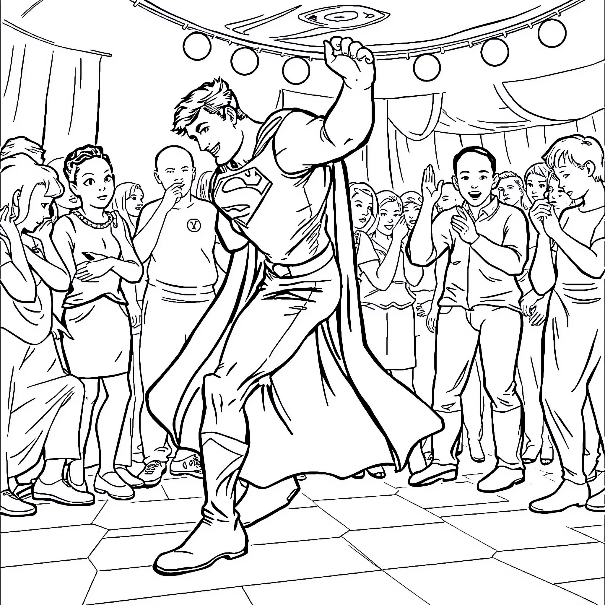 Superman dancing with crowd at a party Coloring Page (free black-and-white line drawing printable PDF for all, from beginners to advanced learners, including children, teens, adults, and seniors)