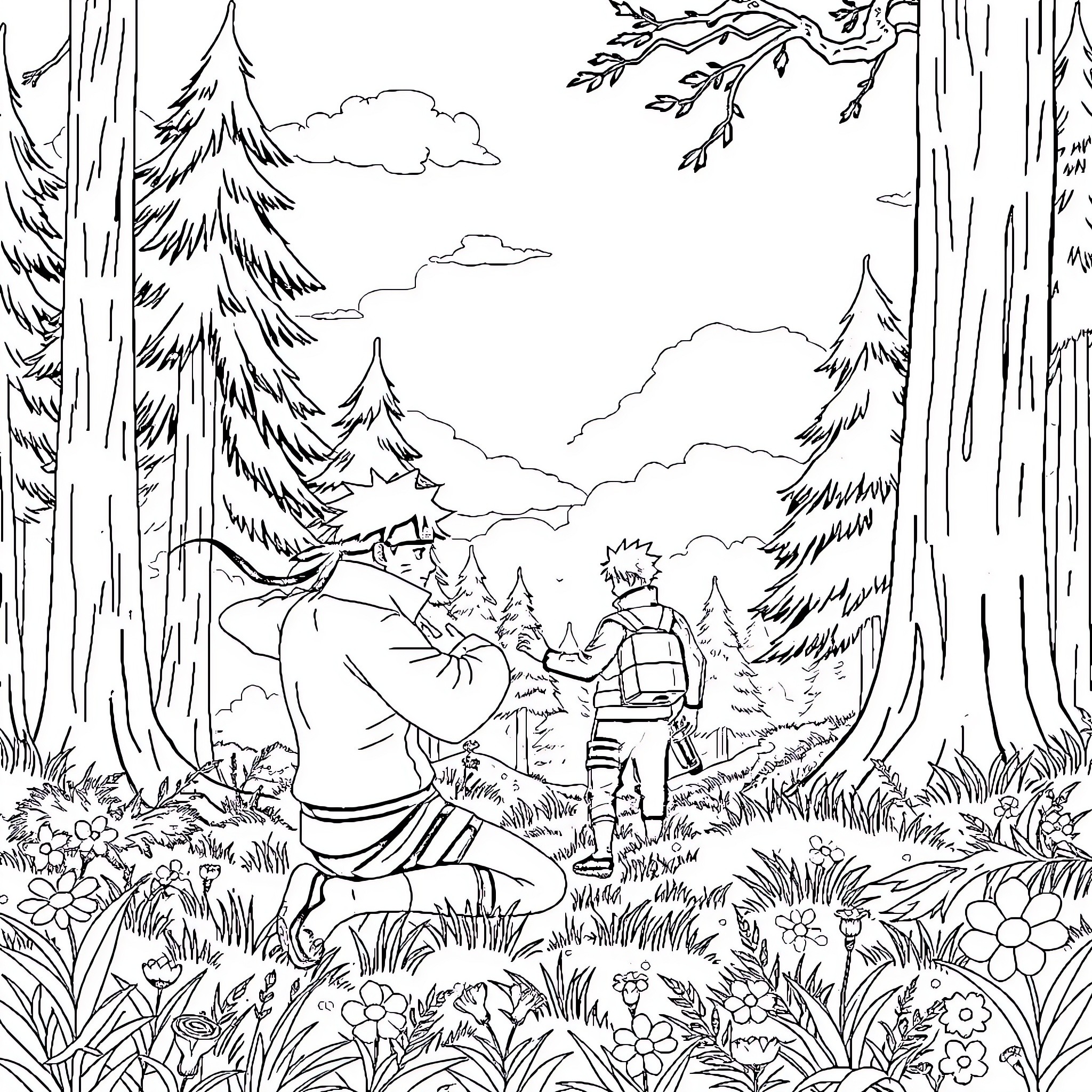 Naruto Characters Exploring Mysterious Forest Landscape Coloring Page (free black-and-white line drawing printable PDF for all, from beginners to advanced learners, including children, teens, adults, and seniors)