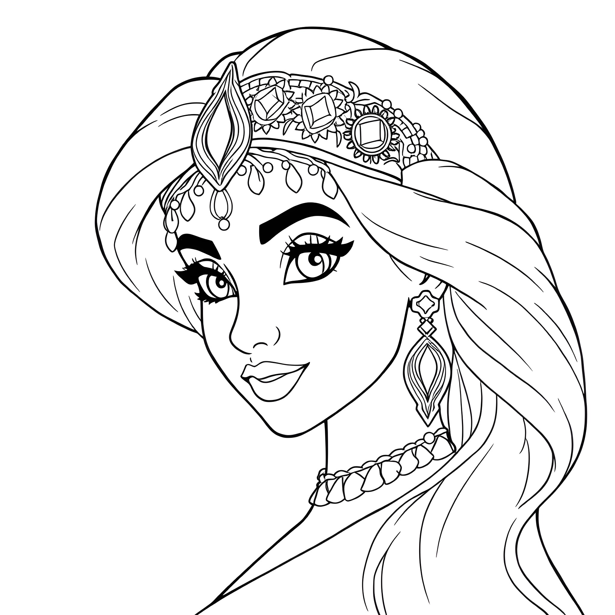 Jasmine in Whimsical Headpiece Coloring Page (free black-and-white line drawing printable PDF for all, from beginners to advanced learners, including children, teens, adults, and seniors)
