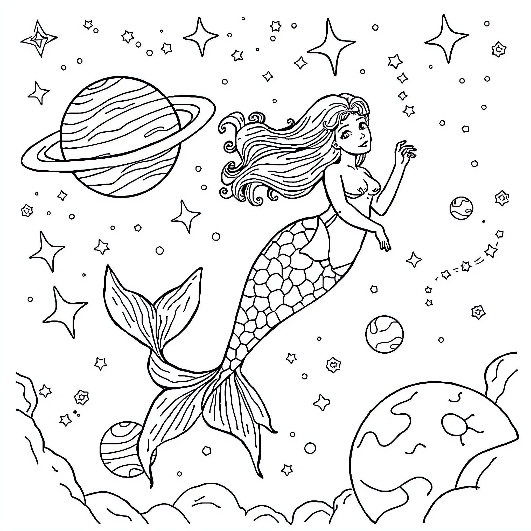 Mermaid exploring the cosmos with planets and stars Coloring Page (free black-and-white line drawing printable PDF for all, from beginners to advanced learners, including children, teens, adults, and seniors)