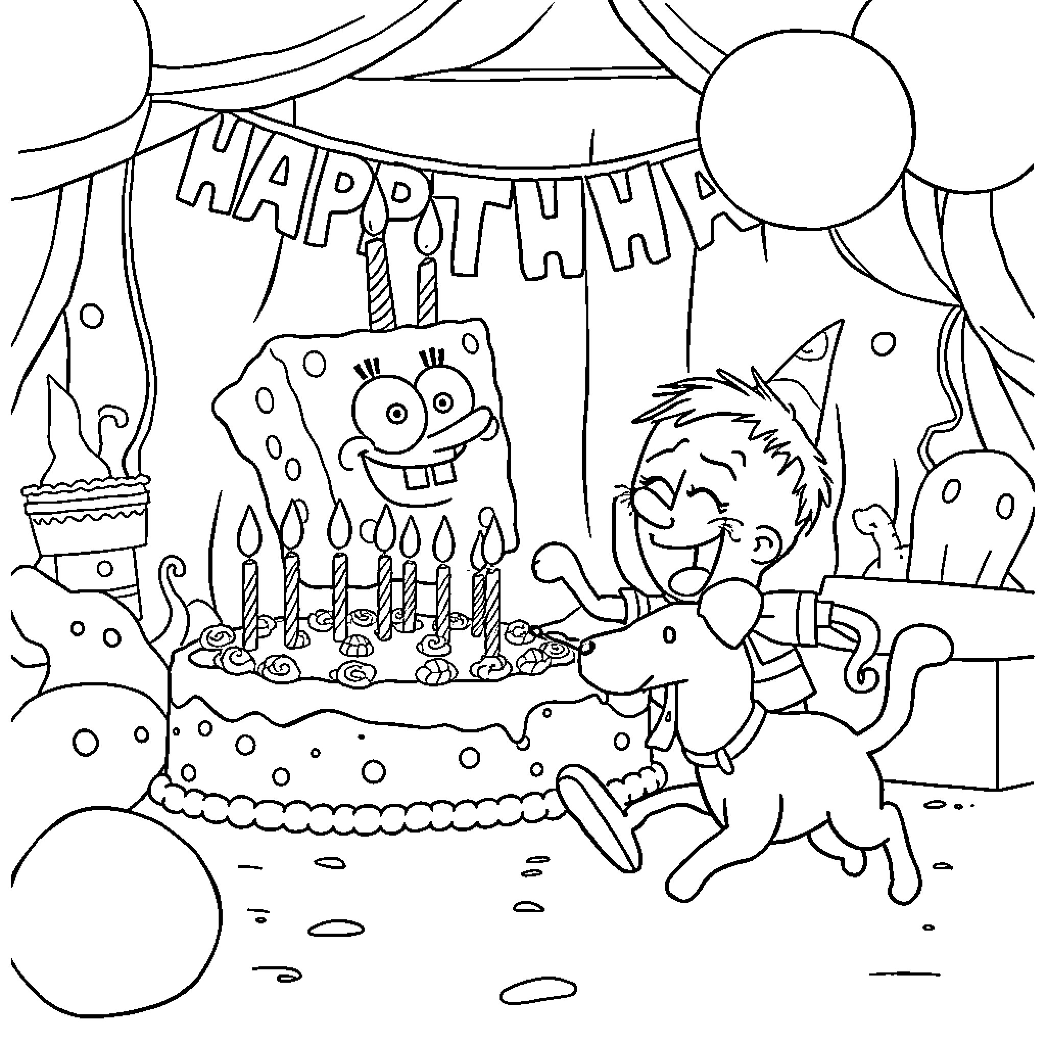 Spongebob celebrates happy birthday with cake and friends Coloring Page (free black-and-white line drawing printable PDF for all, from beginners to advanced learners, including children, teens, adults, and seniors)