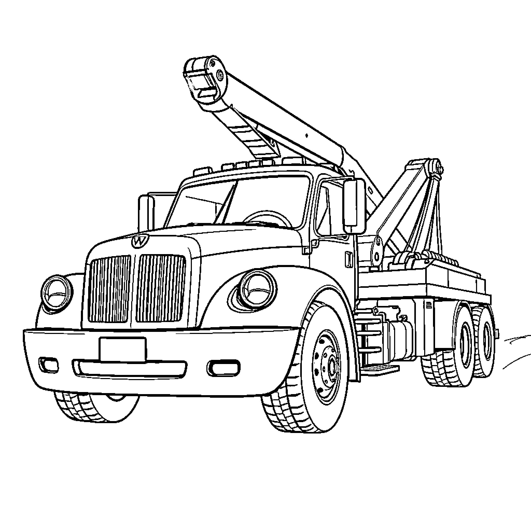 Rotator Tow Truck Providing Roadside Assistance Coloring Page (free black-and-white line drawing printable PDF for all, from beginners to advanced learners, including children, teens, adults, and seniors)